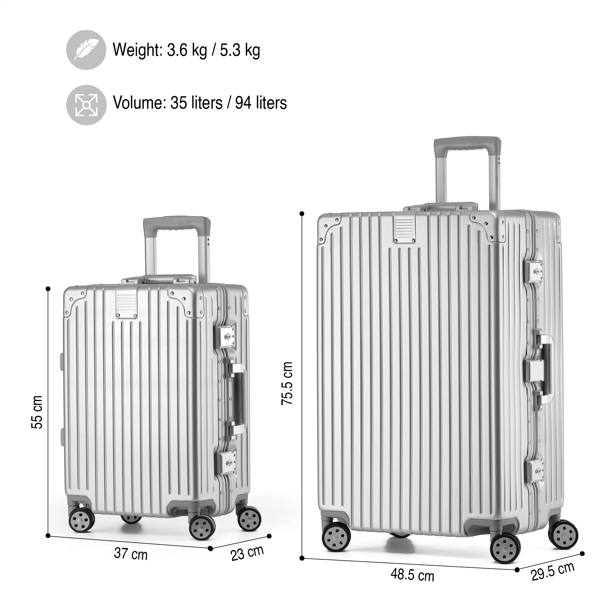 KOFA Zurich - Set di 2 valigie in alluminio, M-55 cm e XL-75 cm, telaio rigido trolley, carry-on + valigetta per check-in, con 4 ruote e doppia serratura TSA 35L + 94L, argento, 55x37x23 cm /