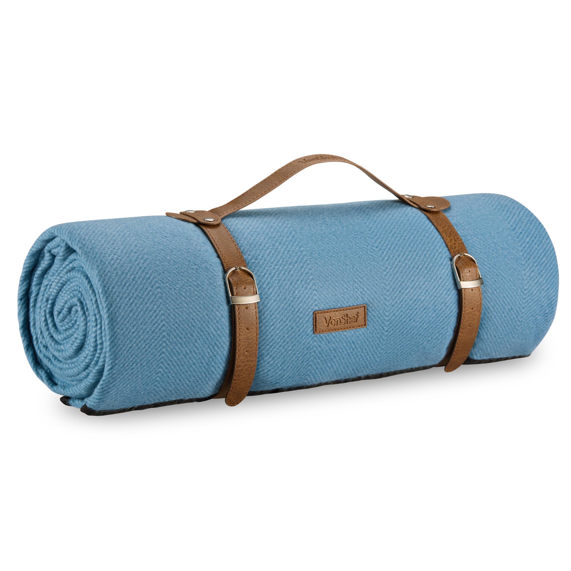 VonShef Picnic Blanket, Blue Herringbone Extra Large Outdoor Rug with Waterproof Backing, 10 Person Weatherproof Picnic Mat with Faux Leather Handle, Water Resistant Camping Accessories, 200x300cm
