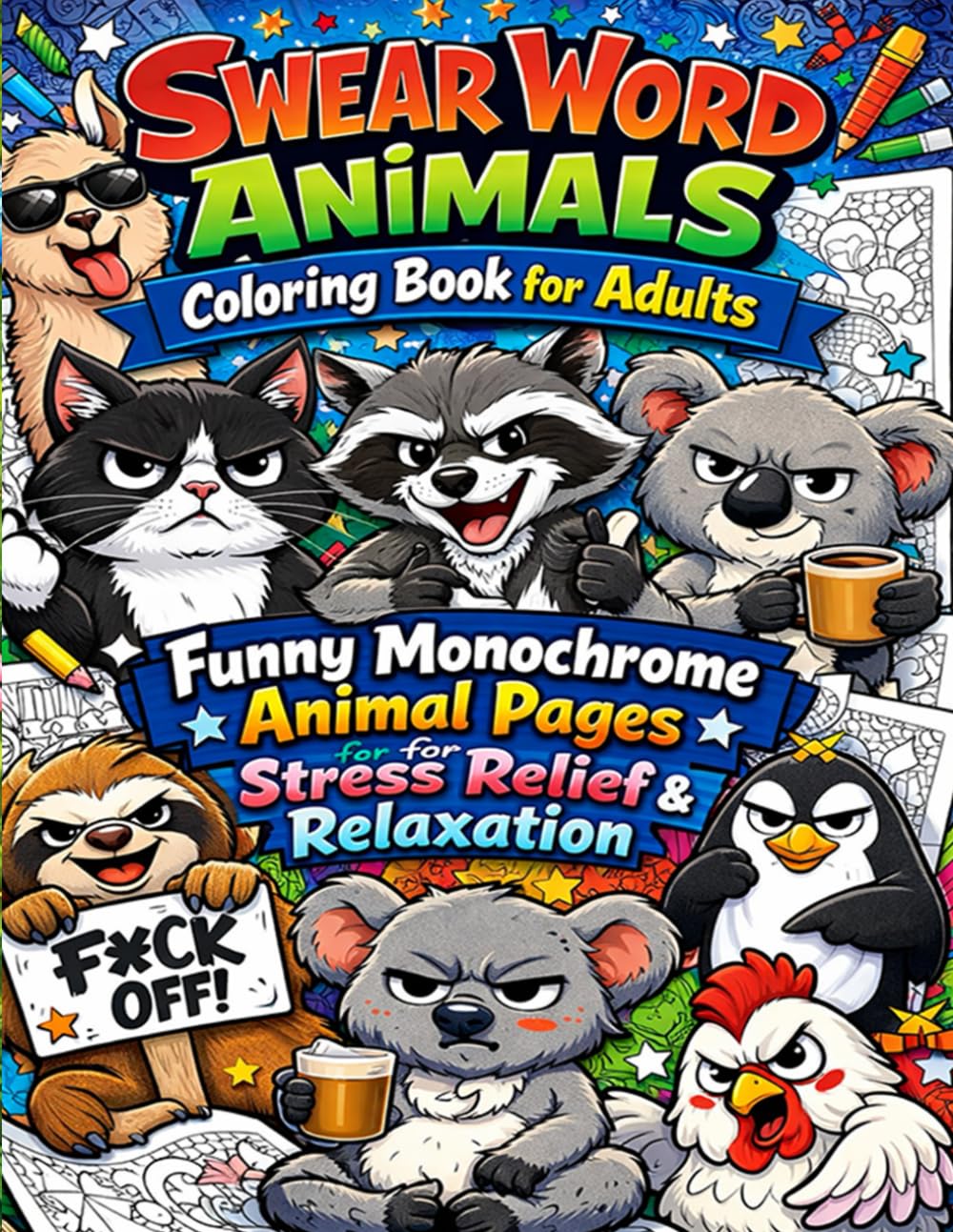 Swear Word Animals Coloring Book for Adults: Funny Monochrome Animal Pages for Stress Relief & Relaxation