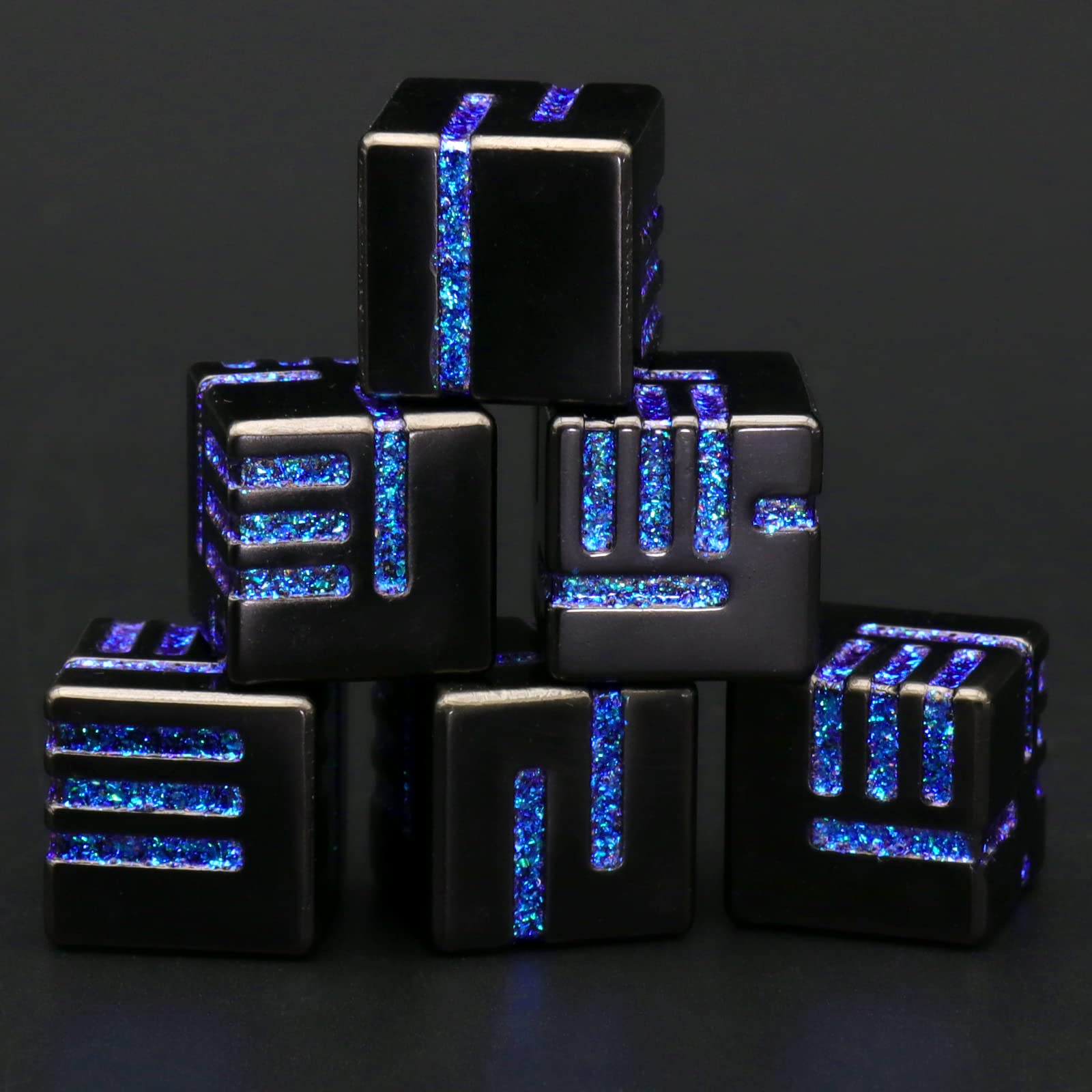 D6 Metal Dice, 16mm 6 Sided Dice Set, ZHOORQI 6Pcs/Set Tech-Themed New Concept Lines Dice for Dungeons and Dragons DND Gifts（D6-Glitter Blue）