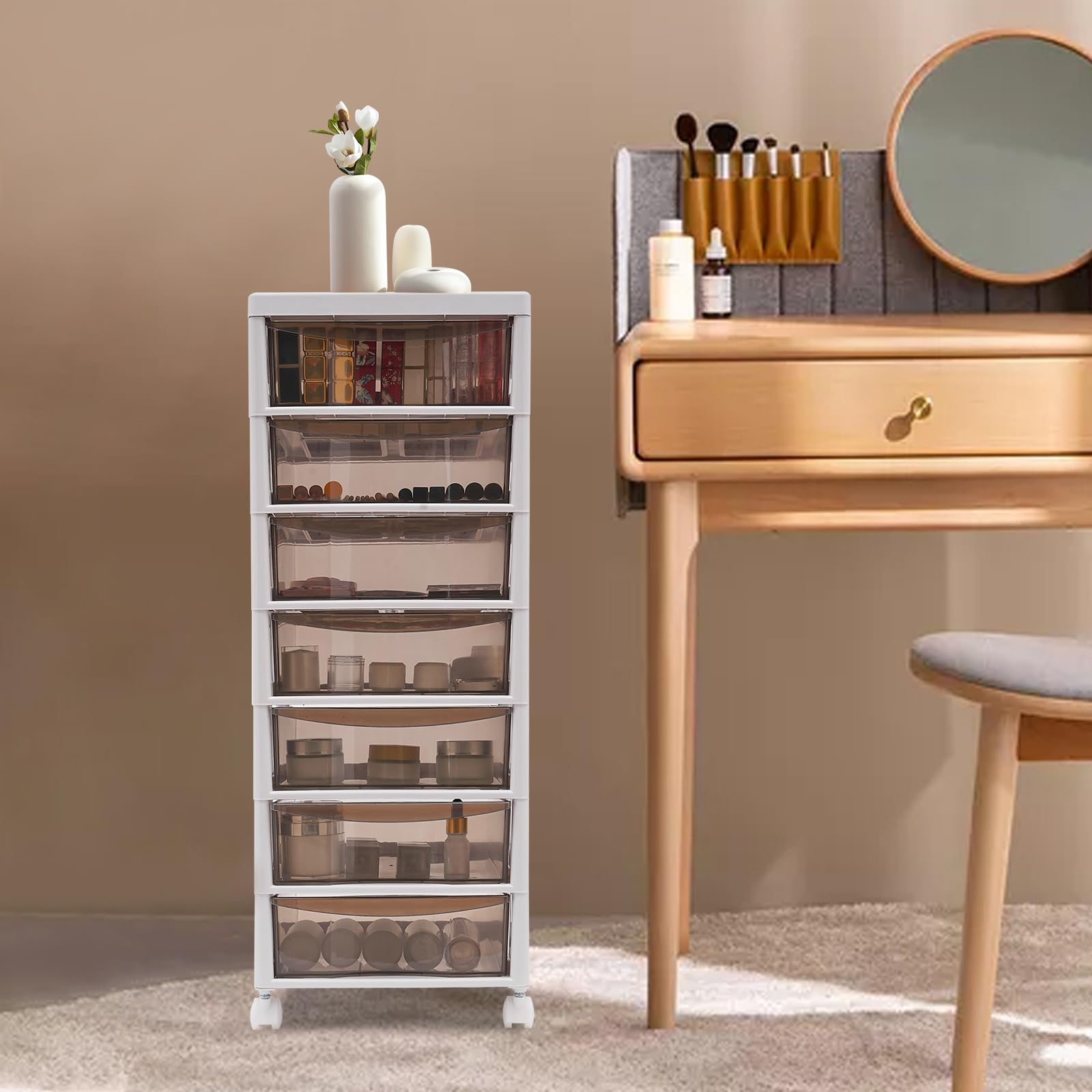 Schubladenbox aus Kunststoff, Aufbewahrungsschrank Schubladen Box Kosmetik Büroorganizer Rollcontainer Unter-Schreibtisch-Schublade, Modernes Design für Home Office und Schlafzimmer (8 Tier)