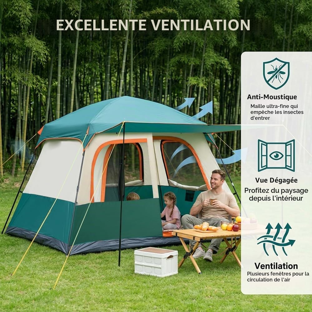 Tente de Camping 4 Personnes (320x210x180 cm), Tente Tunnel 4 Places 2 Chambres avec Auvent, Impermeable 3000 mm, UPF 50+, Montage Rapide 10 Min, pour Camping Familial