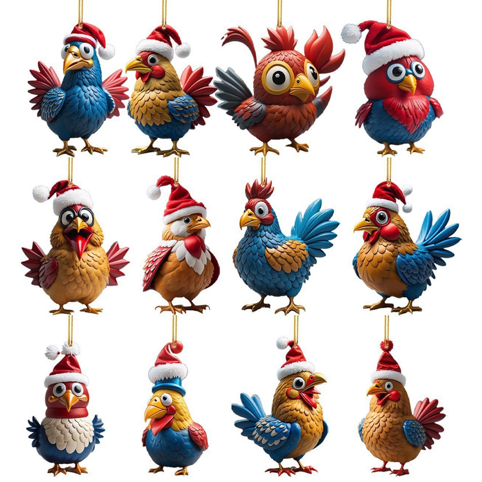 12PCS Chicken Christmas Ornament Hanging Cute Cartoon Lifelike Chicken Ornament 2D Flat Acrylic Christmas Tree Decorations for Outdoor Xmas Festival Party Ornaments Tree Decorations