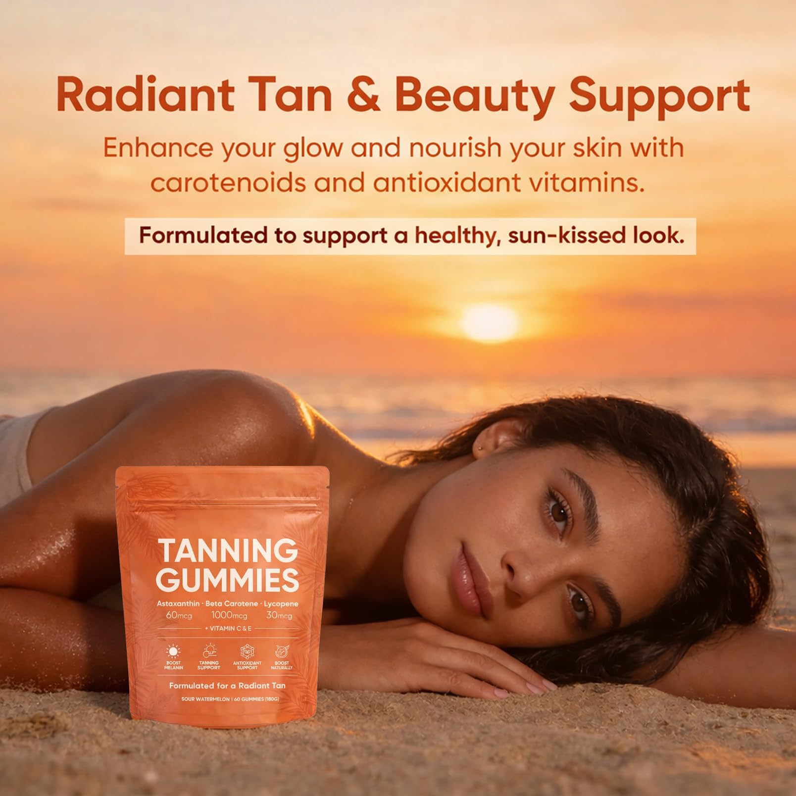 Gommes de Bronzage de la Peau, Mélange bêta-C-arotène et L-Ycopène, Format Gommé de Routine de Beauté, pour un Teint Naturel et éclatant (2 Sacs)