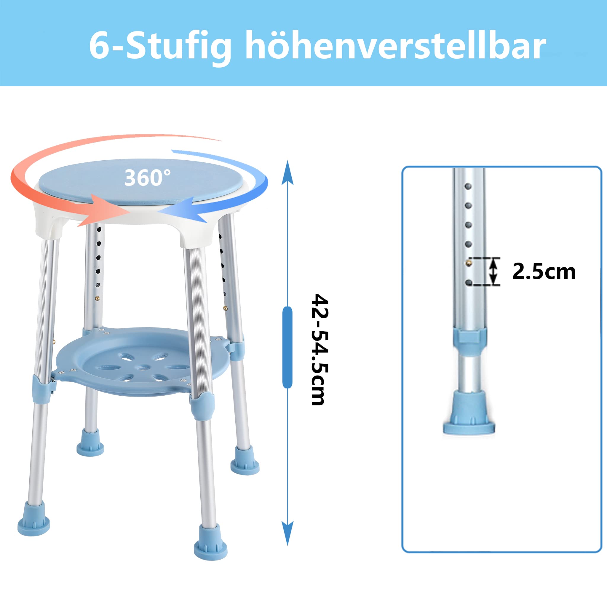 XMTECH Obracany o 360° taboret prysznicowy, taboret łazienkowy, 42-54,5 cm, regulacja wysokości, taboret łazienkowy, pomoc pod prysznic, siedzisko łazienkowe, maks. 150 kg