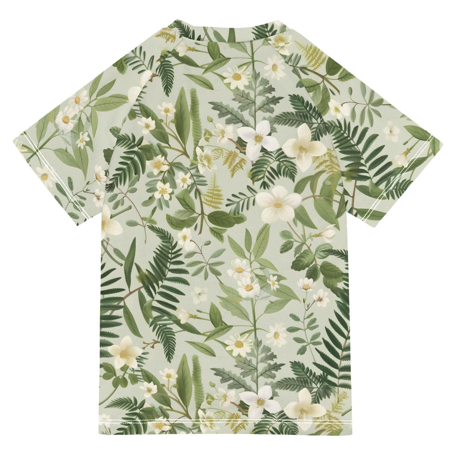 ALAZA Boys Swim Shirts Toddler Rash Guard Short Sleeve Rashguard Green Plant Flowers UPF 50+ 11-12T