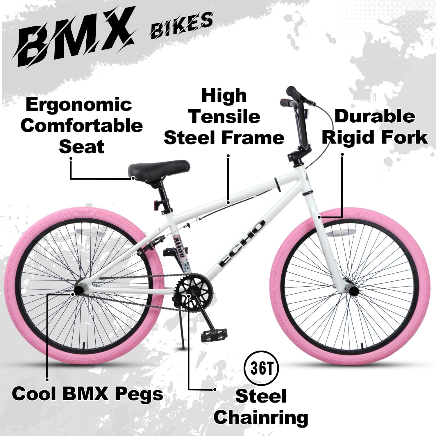 20 24 Inch Beginner BMX Bike Echo, High Tensile Steel Frame, Rear U-Brake, 4 Pegs, 85% Pre-Assembled, Unisex BMX Bicycle for Outdoor Riding