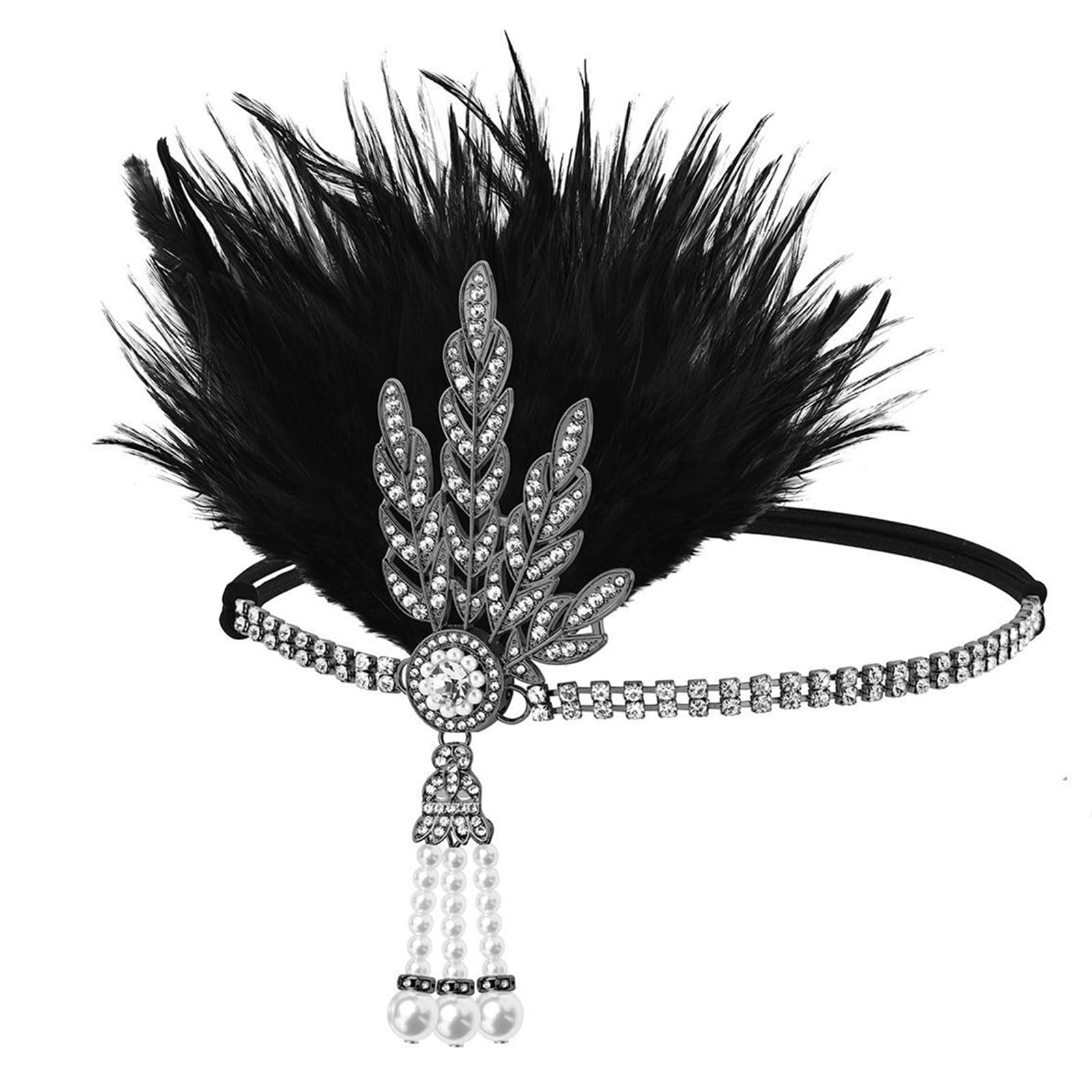 YUXITA 1920s Elegant Rhinestones Feathered Hairband For Wedding Party and Formal Event Comfortable Elastic Band Headwear
