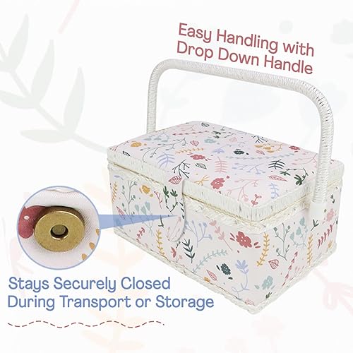 Vista 30 de Sewing Basket Organizer with Complete Sewing Supplies, Wooden Sewing Storage Organizer with Removable Tray Sewing Essentials and Tomato Pincushion