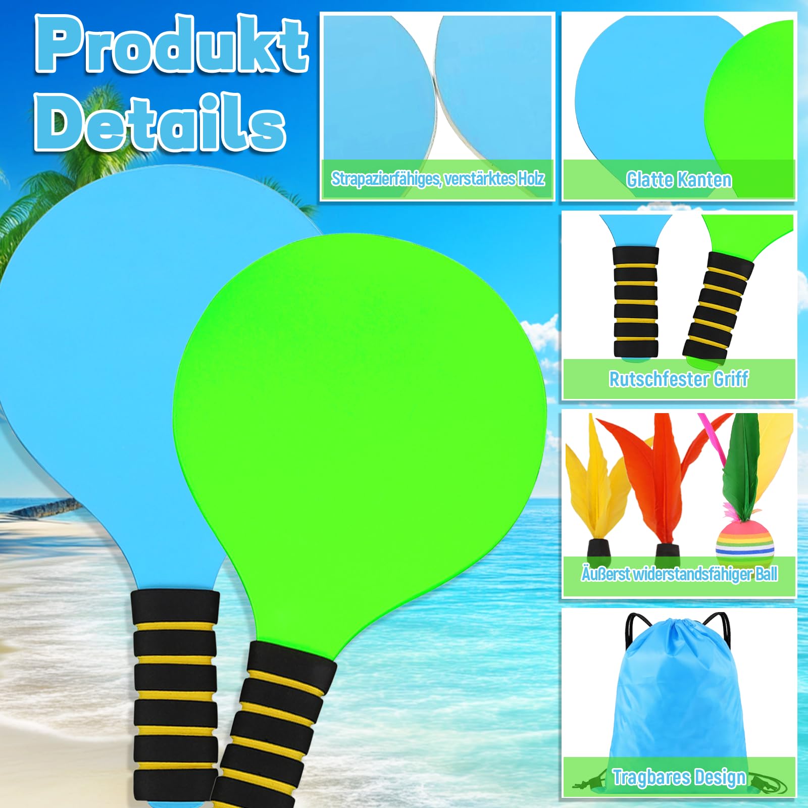 Beach Ball Spiel Set, Strandball Schlägerset für Kinder, Beachball Set with 2 Schläger 6 Federbälle 1 Tasche, Paddleball Spielset für Kinder&Familie für Garten Strand Party