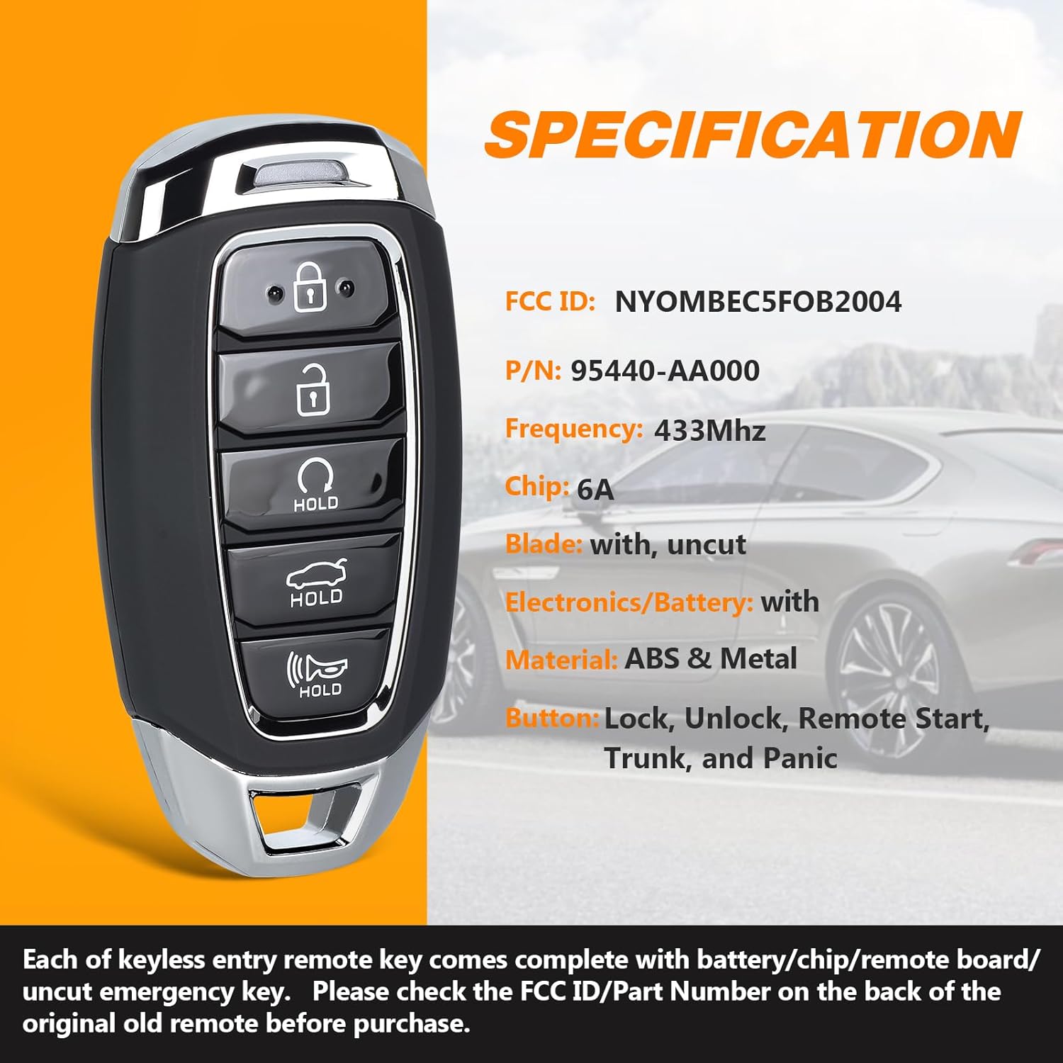 Yewong Smart Key Fob Replacement Fit for Hyundai Elantra 2021 2022 2023 FCC ID: NYOMBEC5FOB2004 P/N: 95440-AA000 433MHz 6A Chip 5 Buttons