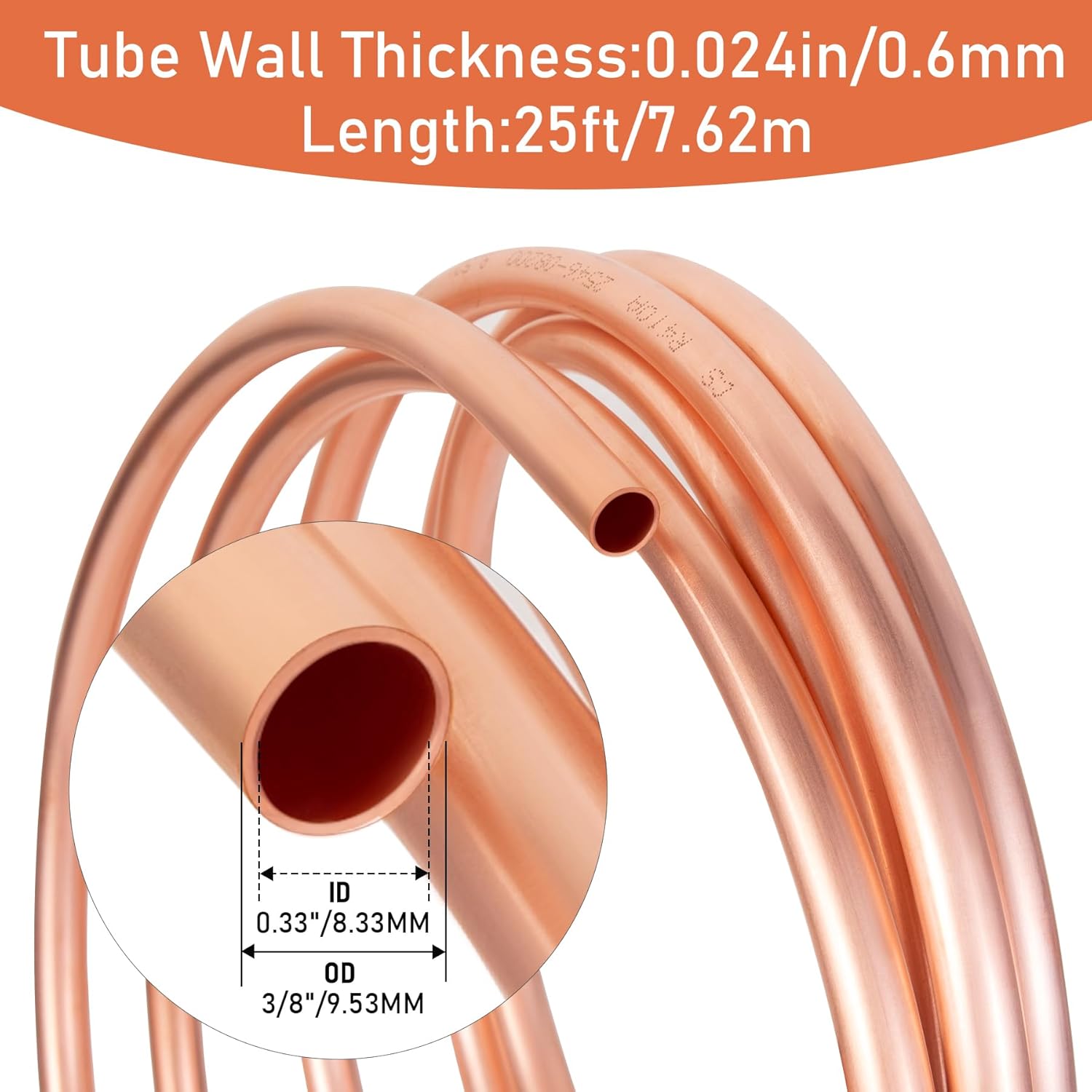 Copper Tubing 3/8" OD x 0.328" ID x 25 Ft - 99.9% C12200 Pure ACR Copper Tube,Refrigeration Seamless Round T2 Pure copper tubes,Round Seamless Tubing for Refrigerator HVAC System Industry DIY