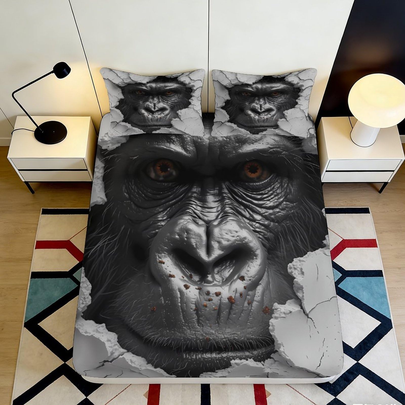 3D Printed Gorilla Face Fitted Sheet Microfiber Soft Breathable Ape Bed Sheet for Bedroom Guest Room Decor Mattress Protection 90x200x25cm