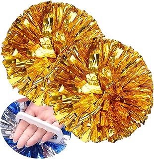 2Pcs Cheerleader Pom Poms,Cheerleading Pom Poms,Hand Flower Pompoms,Metallic Foil Cheer Poms,Cheering Squad Pompoms Handheld Cheerleader Pompom Metallic Foil and Plastic Ring Pompom for Kid Adult,Gold