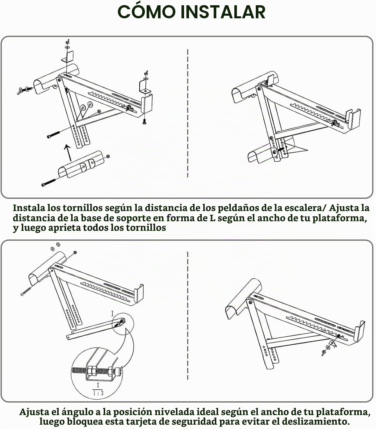 2 PCS Elevador de escalera,soporte de carga de escalera ajustable,gato de escalera,soporte de escalera estabilizador de gato de escalera,para escaleras de hasta 22.5" ancho,Capacidad de carga 250 kg