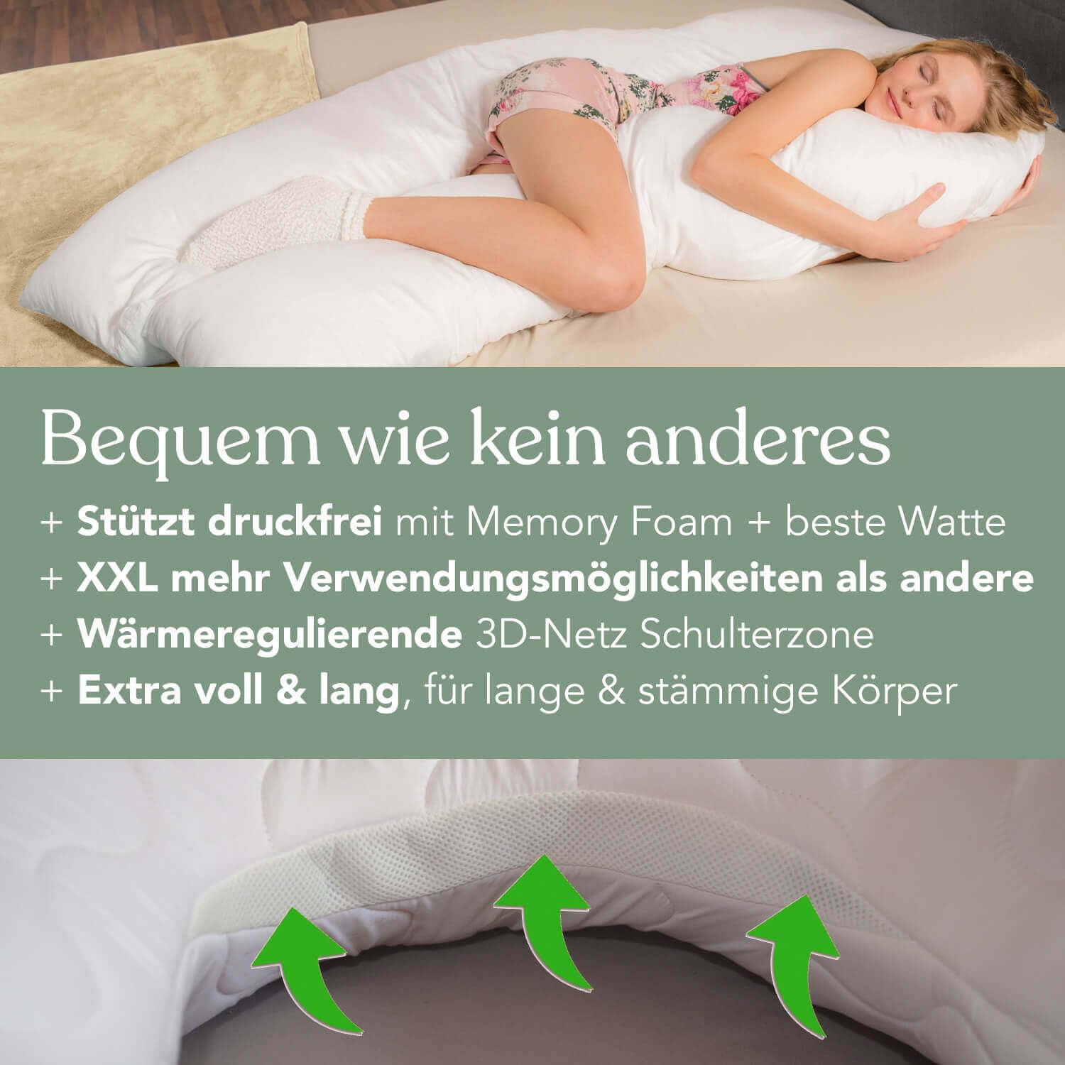 Traumreiter Seitenschläferkissen Visco XXL langes Wendekissen Memory Foam [orthopädisch] + Watte Seite | Schwangerschaftskissen zum Schlafen, Stillkissen Kissen, Komfortkissen mit Bezug Leinenfarbig