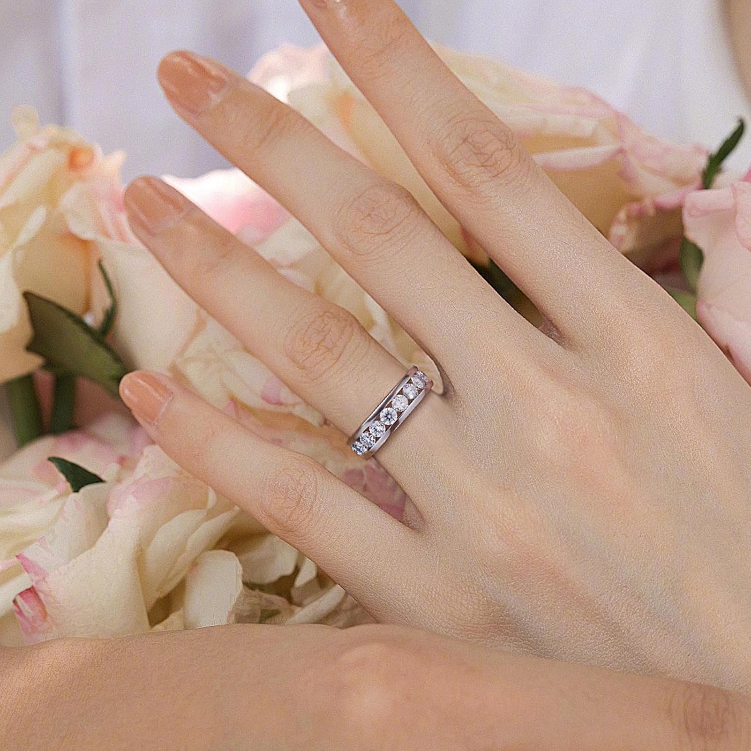 Moissanite Rings for Women,D Color VVS1 Moissanite Eternity Rings for Women 18K White Gold Plated 925 Sterling Silver Wedding Band Ring for Women - Image 5