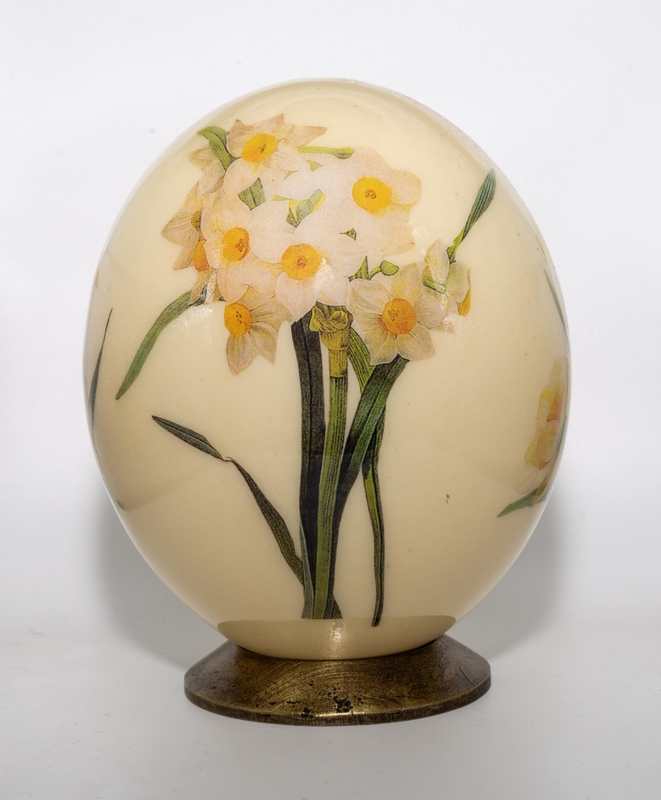 Œuf d'autruche décoré jonquilles objet déco cabinet curiosités fleur jaune