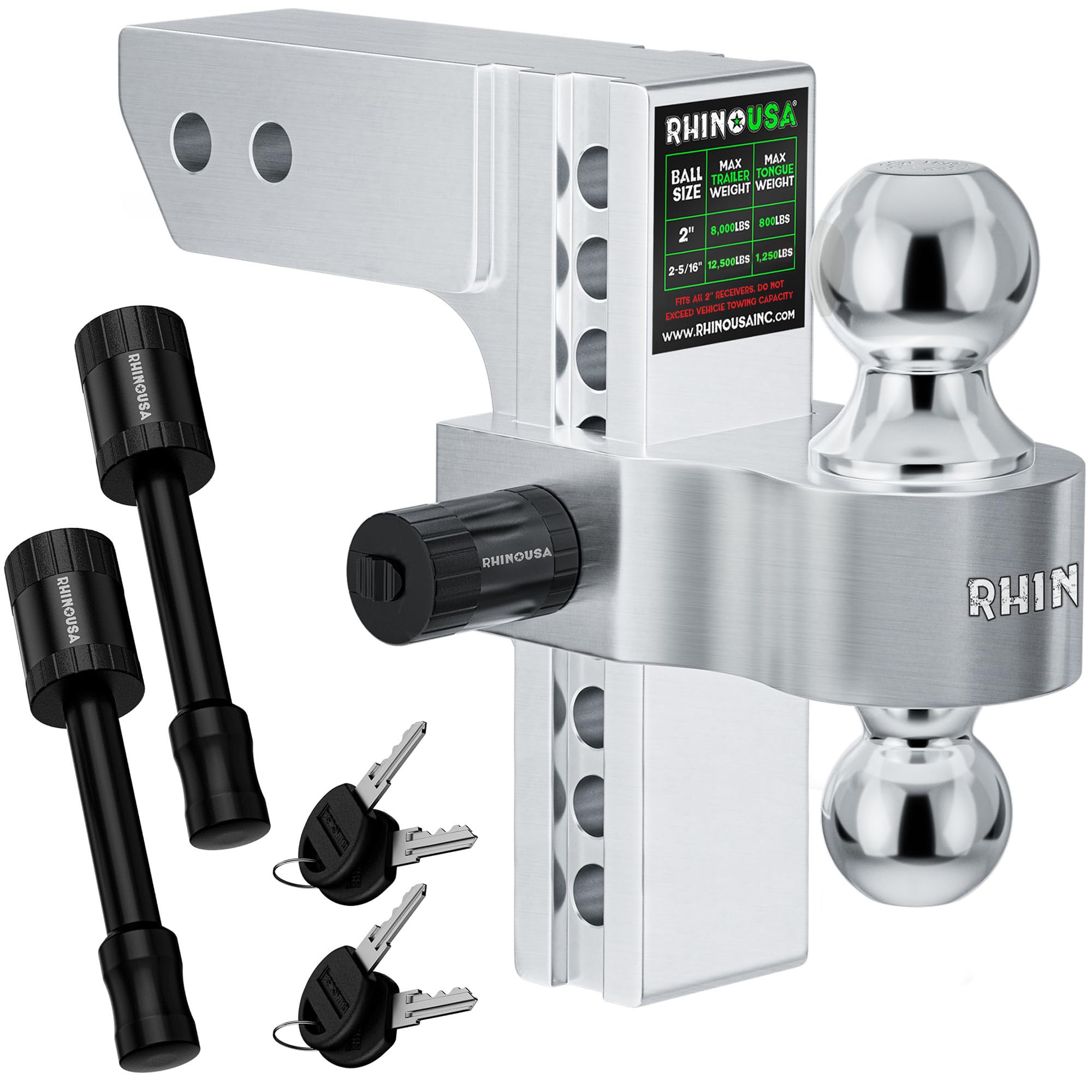 Rhino USA Adjustable Trailer Hitch (2-Inch Receiver) - Heavy Duty Aluminum Tow Hitches with 8-Inch Drop/Rise for Truck (12,500 LBS GTW) - Weatherproof Double Anti-Theft Locking Hitch Pins (Silver)