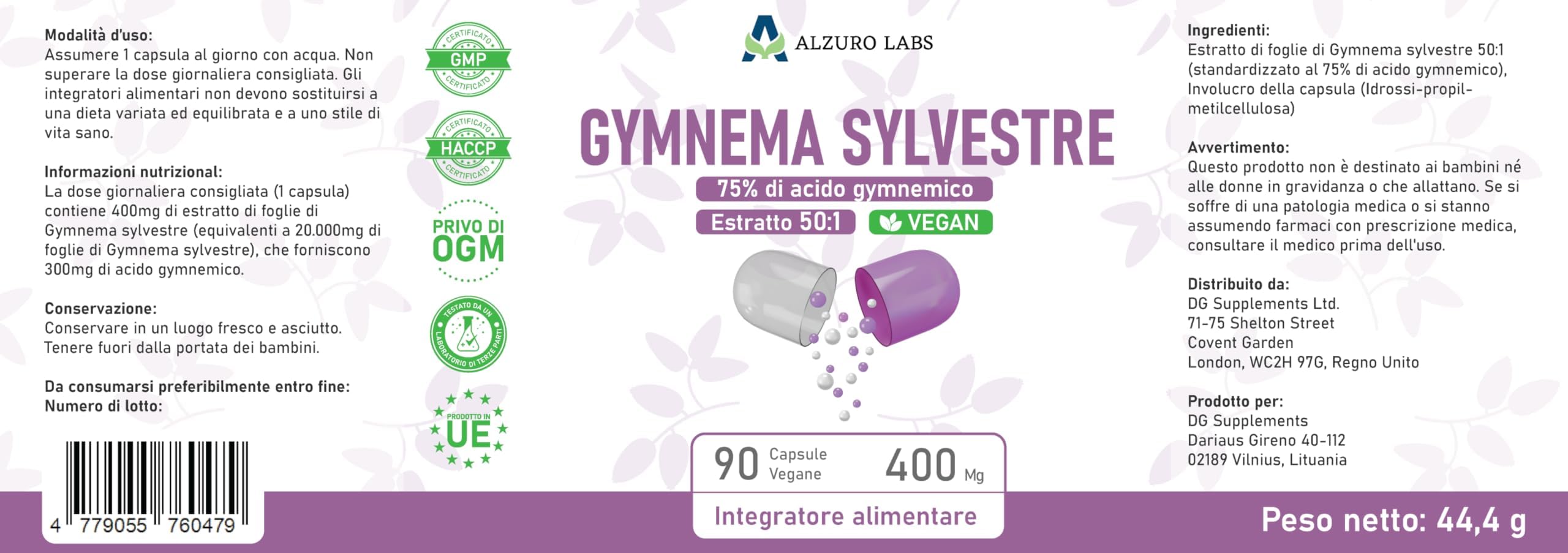 Gymnema Sylvestre | 20,000mg | Estratto 50:1 (400mg) (75% Acido Gymnemico) | 90 Capsule Vegane | GMP & Testato da Laboratorio Indipendente