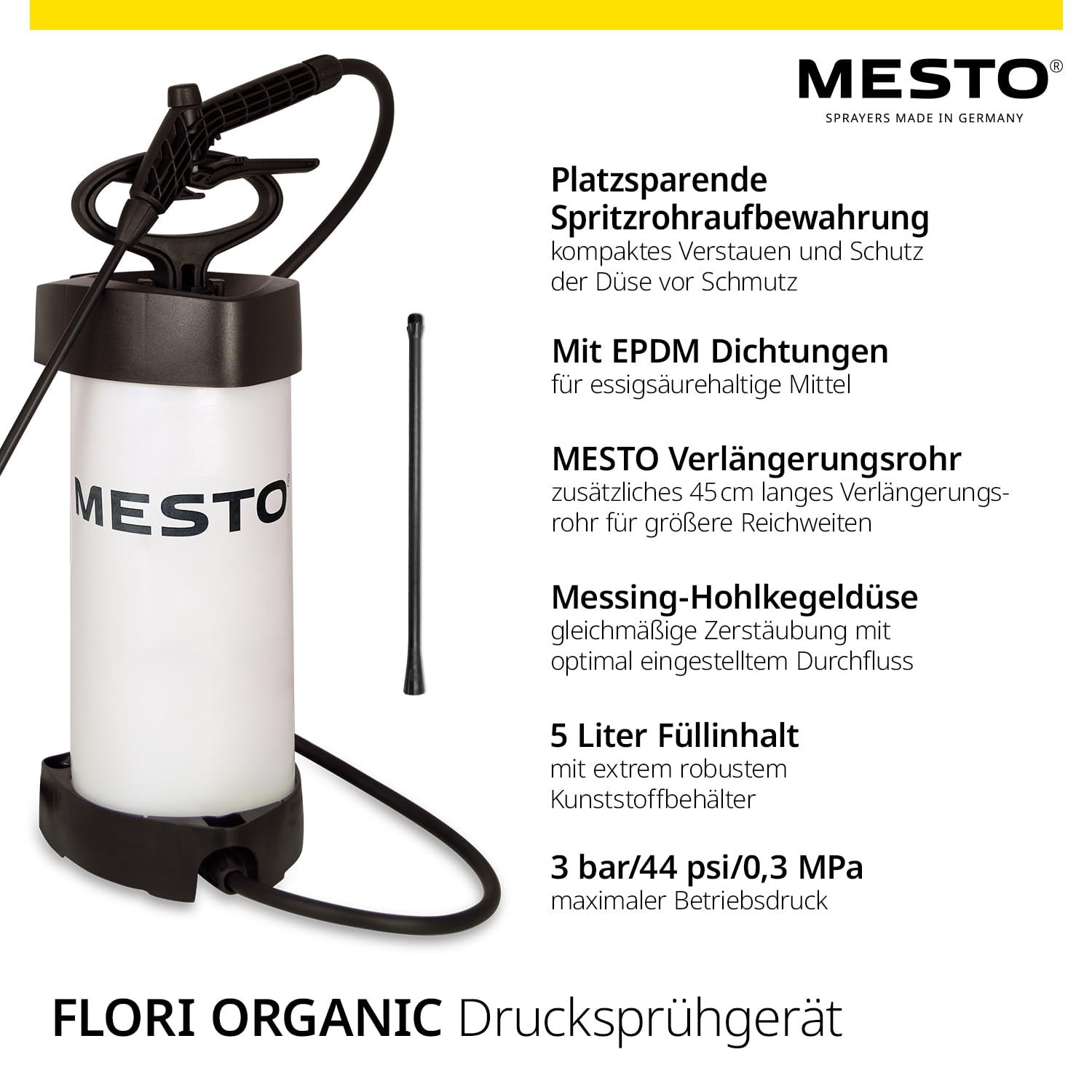 MESTO Flori Organic Pulvérisateur à pression 5 l avec tube d'extension MESTO de 45 cm | Pulvérisateur 3 bar | Vaporisateur de jardin | Vaporisateur à pompe pour la protection des plantes à acide