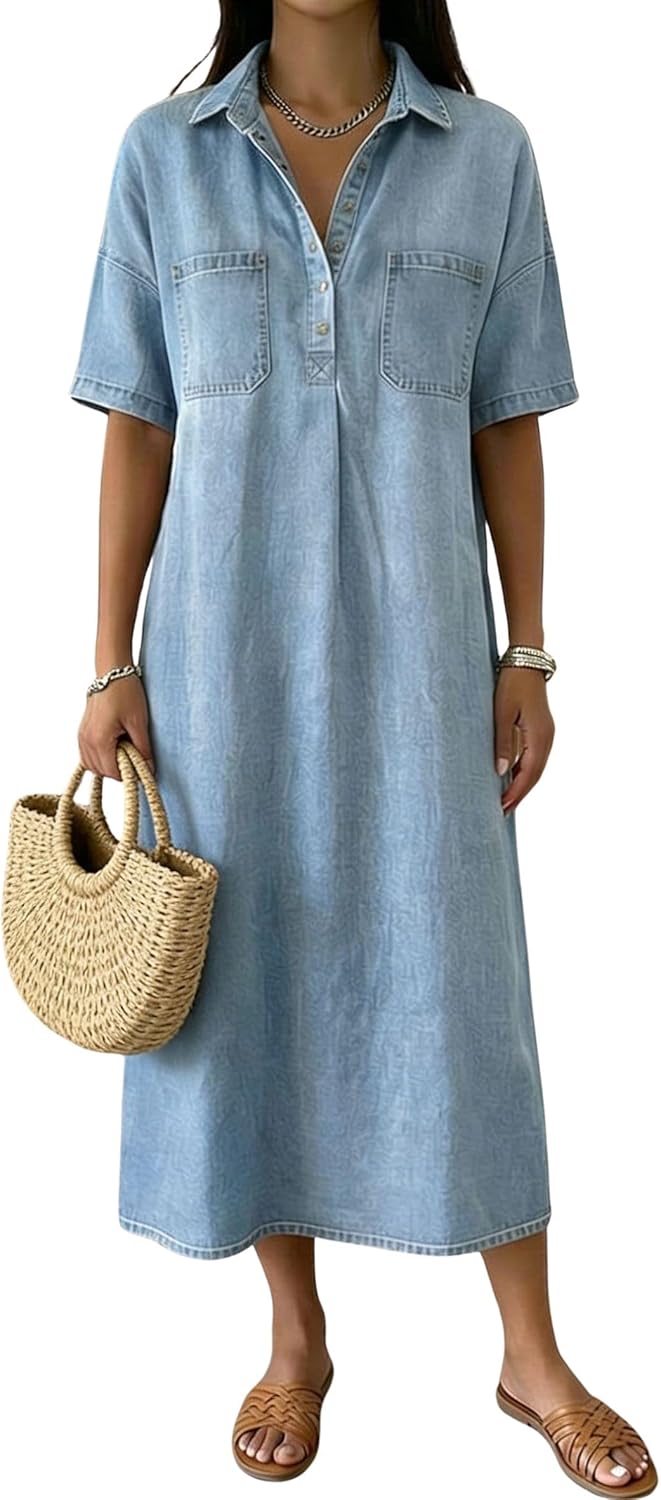 chouyatou Women's Distressed Button Up Denim Polo Shirt Dress Short Sleeve Casual Loose Pleated Jean Midi Long Dress