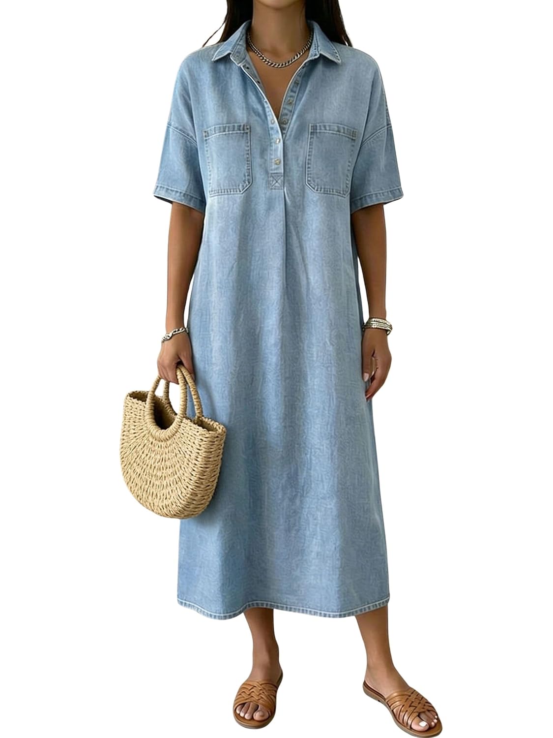chouyatou Women's Distressed Button Up Denim Polo Shirt Dress Short Sleeve Casual Loose Pleated Jean Midi Long Dress