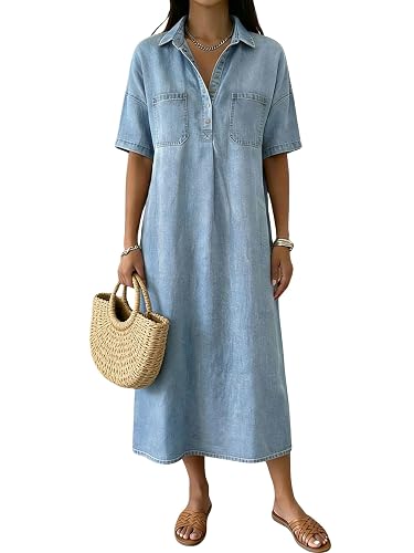 chouyatou Women's Distressed Button Up Denim Polo Shirt Dress Short