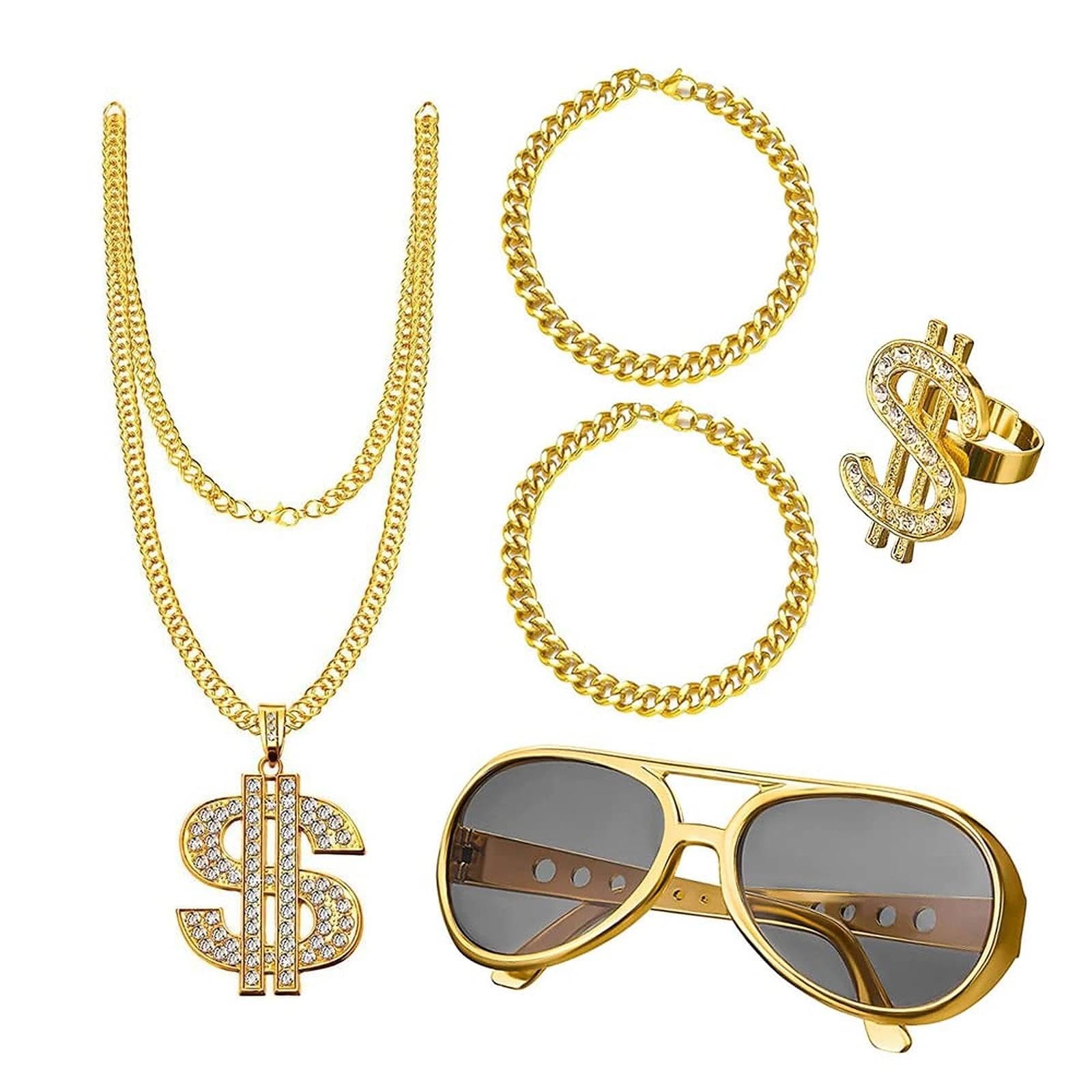 Zestaw kostiumowy hip-hopowy w stylu lat 80., złoty dolar, łańcuszek i złota bransoletka, pierścień, okulary, osobowość, hip-hop, kostium dla mężczyzn, lat 80-tych, 90., kostium rapera, na