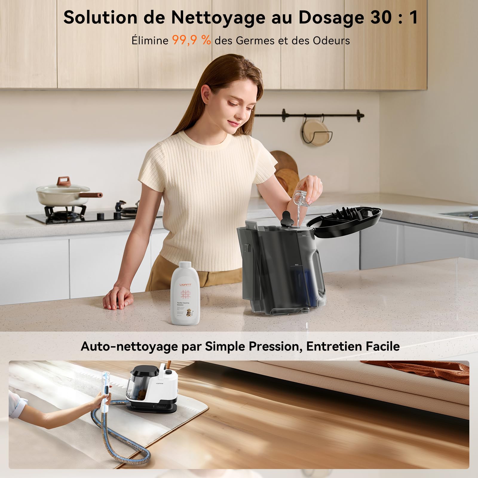 Uwant Y100 Steam 3-en-1 Shampouineuse, Nettoyeur Canapé Tissu 18KPA, 1750W, Nettoyeur Vapeur 100°C, à l'Eau Chaude 65°C, à l'Eau Froide, Auto-nettoyage, Injecteur Extracteur Tête Multi, Détergent