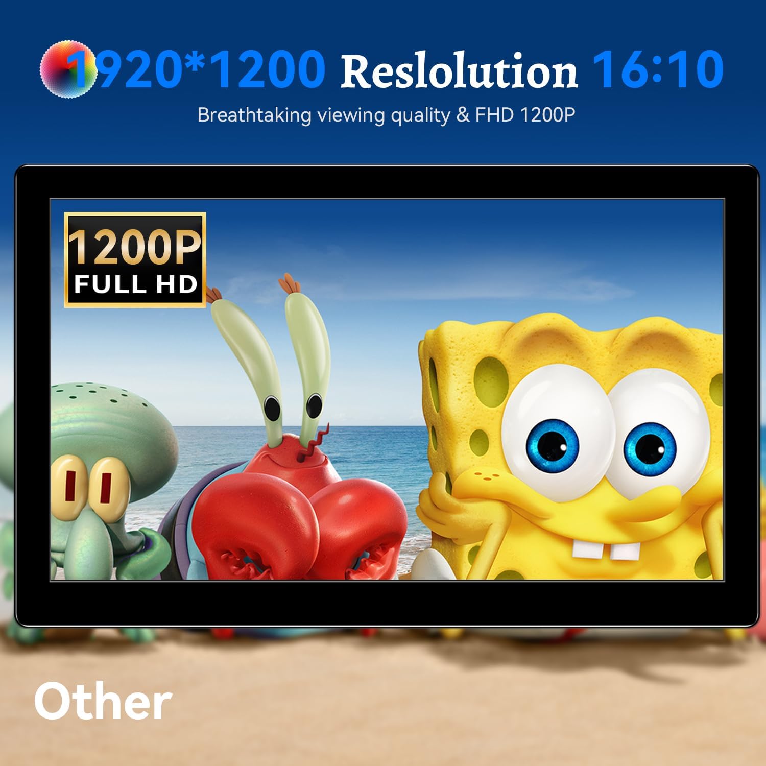 Close-up of the monitor screen displaying 1920x1200 resolution and 1200P Full HD label
