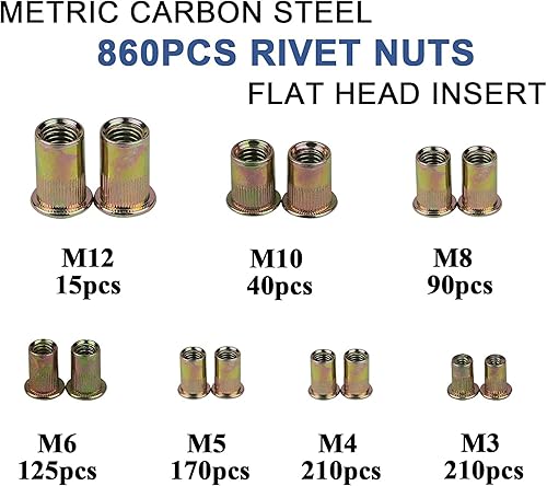Miniatura 2 de Kit surtido de 860 tuercas remachables y pistola de tuerca remachadora de 13 pulgadas, métrica M3 M4 M5 M6 M8 M10 M12 juego de tuercas remachadoras