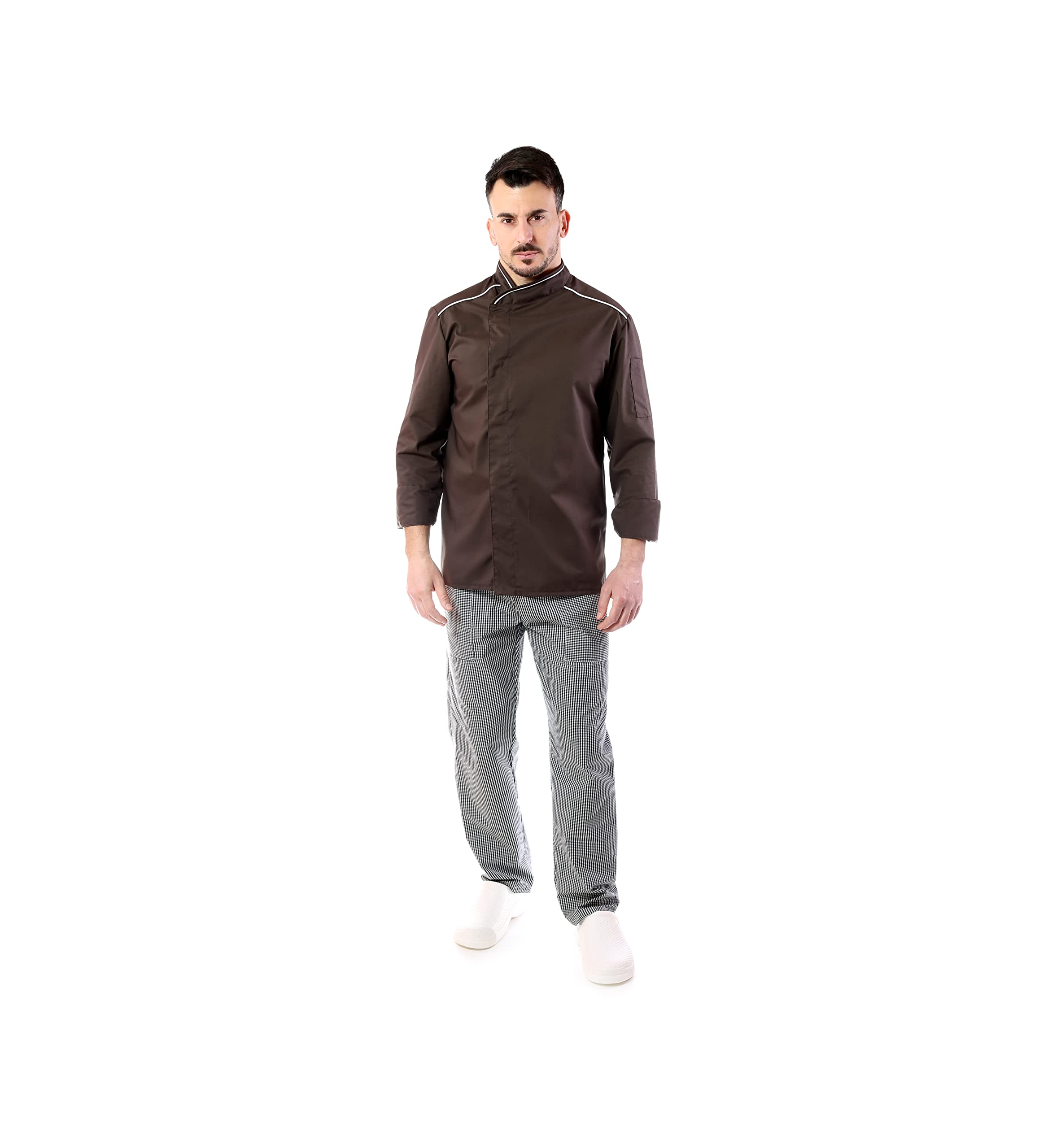 Bordado Gratuito Completo Cocinero Hombre - Uniforme Chef Ejecutivo Marrón Personalizable - Chaqueta, Pantalones y Delantal - Uniforme para Cocina y Restaurante - Made in Italy