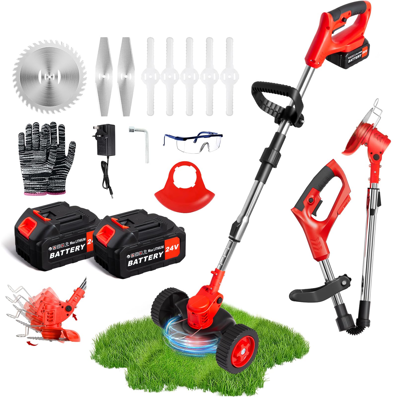 perforlld Electric String Trimmer Kit,Cordless Handheld Grass Trimmer with 24V*2 Rechargable Battery,Wheel,3 Types Cutting Blade,Protective Glasses,Gloves,Charger Included,Lawn Mower for Yard Lawn