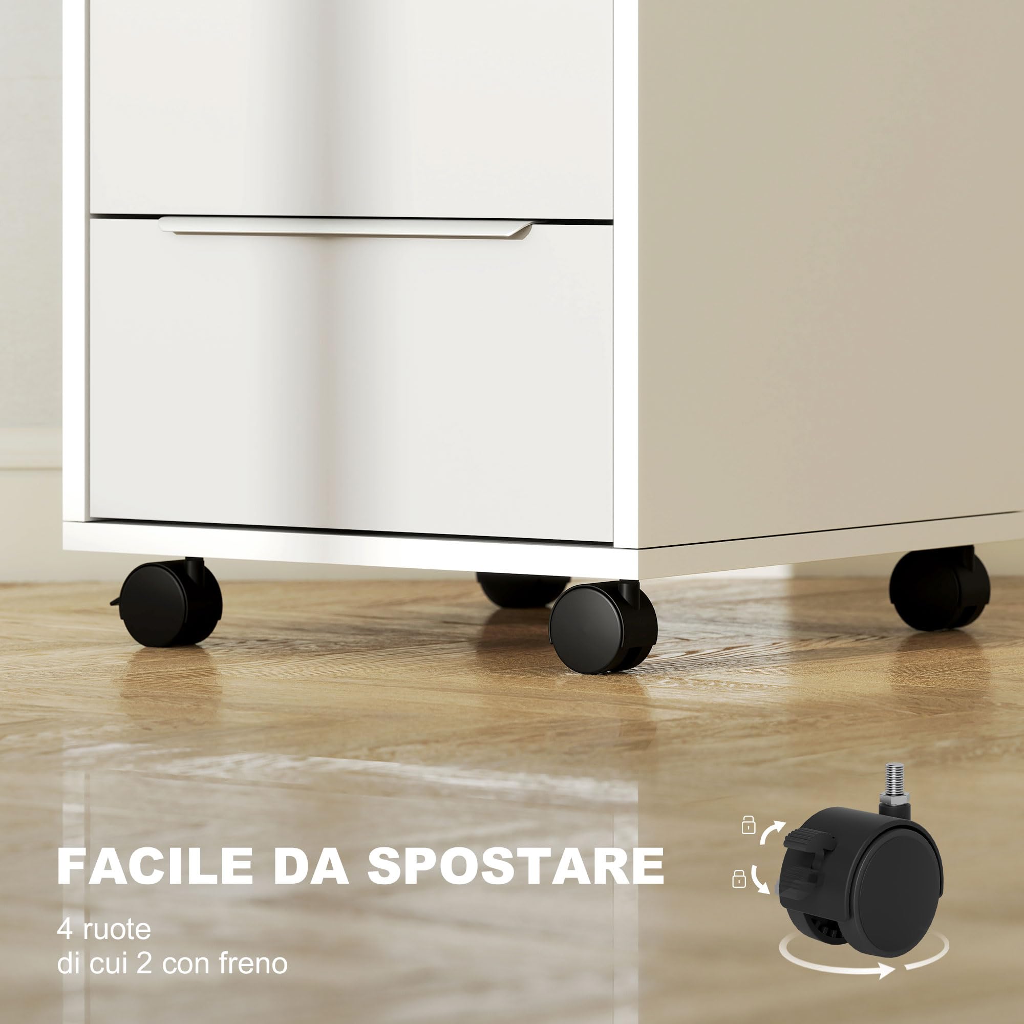 HOMCOM Schedario da Ufficio con 3 Cassetti, 4 Ruote, Cassettiera Ufficio con Serratura e 2 Chiavi per Lettera/Formato A4, Armadietto Verticale per Studio, 40x40x63.5 cm, Bianco e Grigio