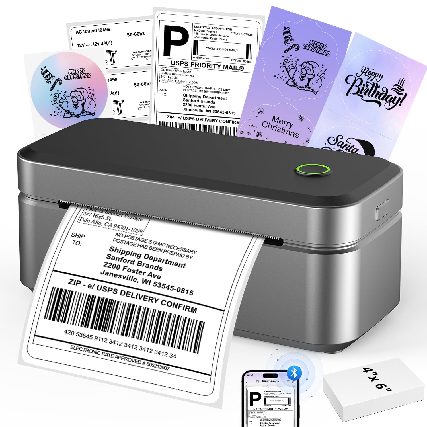 Drukarka etykiet Bluetooth, drukarka termiczna DHL 4 x 6, druk etykiet, do iOS, Android, Windows i Mac, kompatybilna z Shopify (czarna ze srebrnym połyskiem)