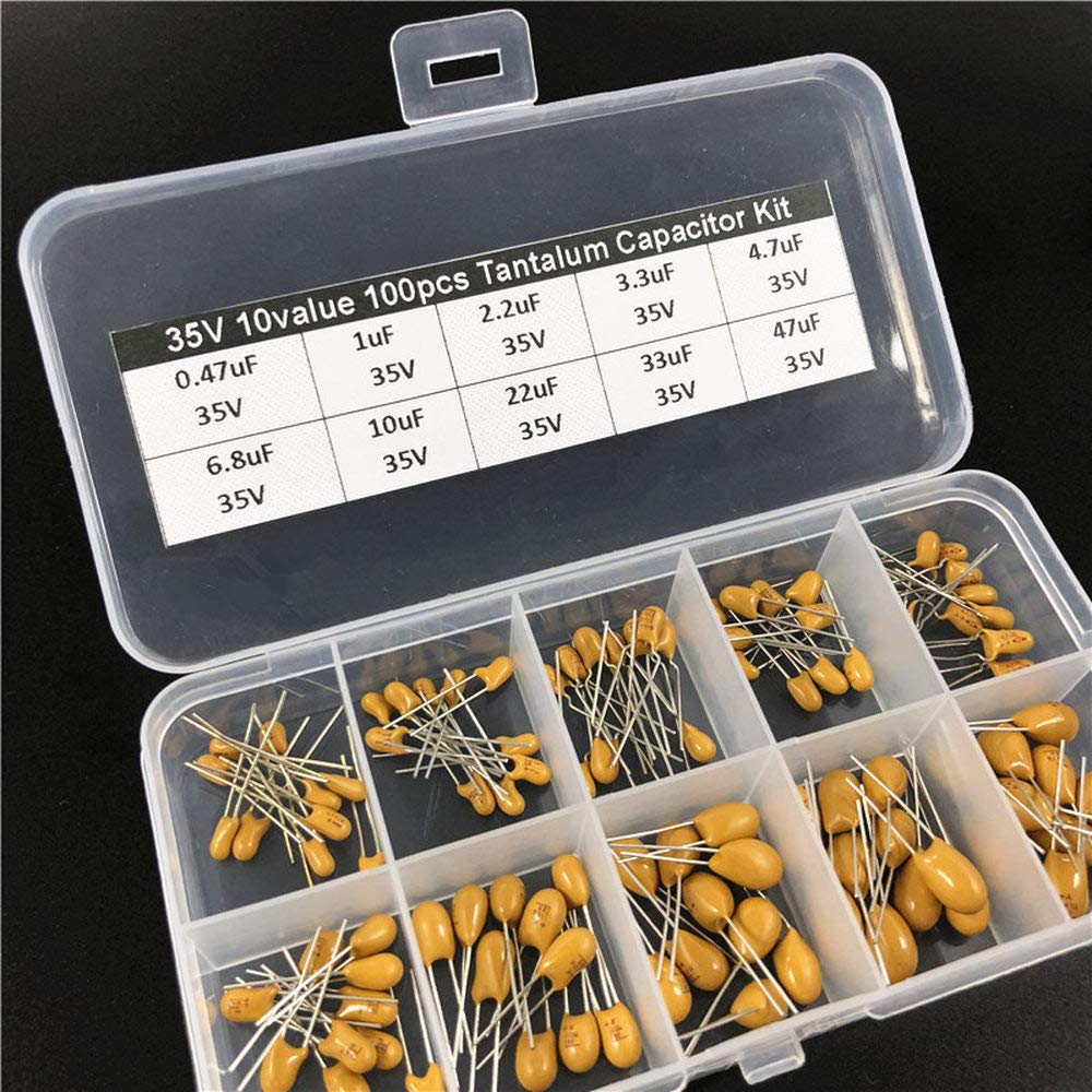 Accesorios electrónicos 10 valores 100 piezas 35 V 0,47 uF 1 uF 2,2 uF 3,3 uF 4,7 uF 6,8 uF 10 uF 22 uF 33 uF 47 uF condensador de tantalio kit surtido con caja de almacenamiento Dispositivos electrón