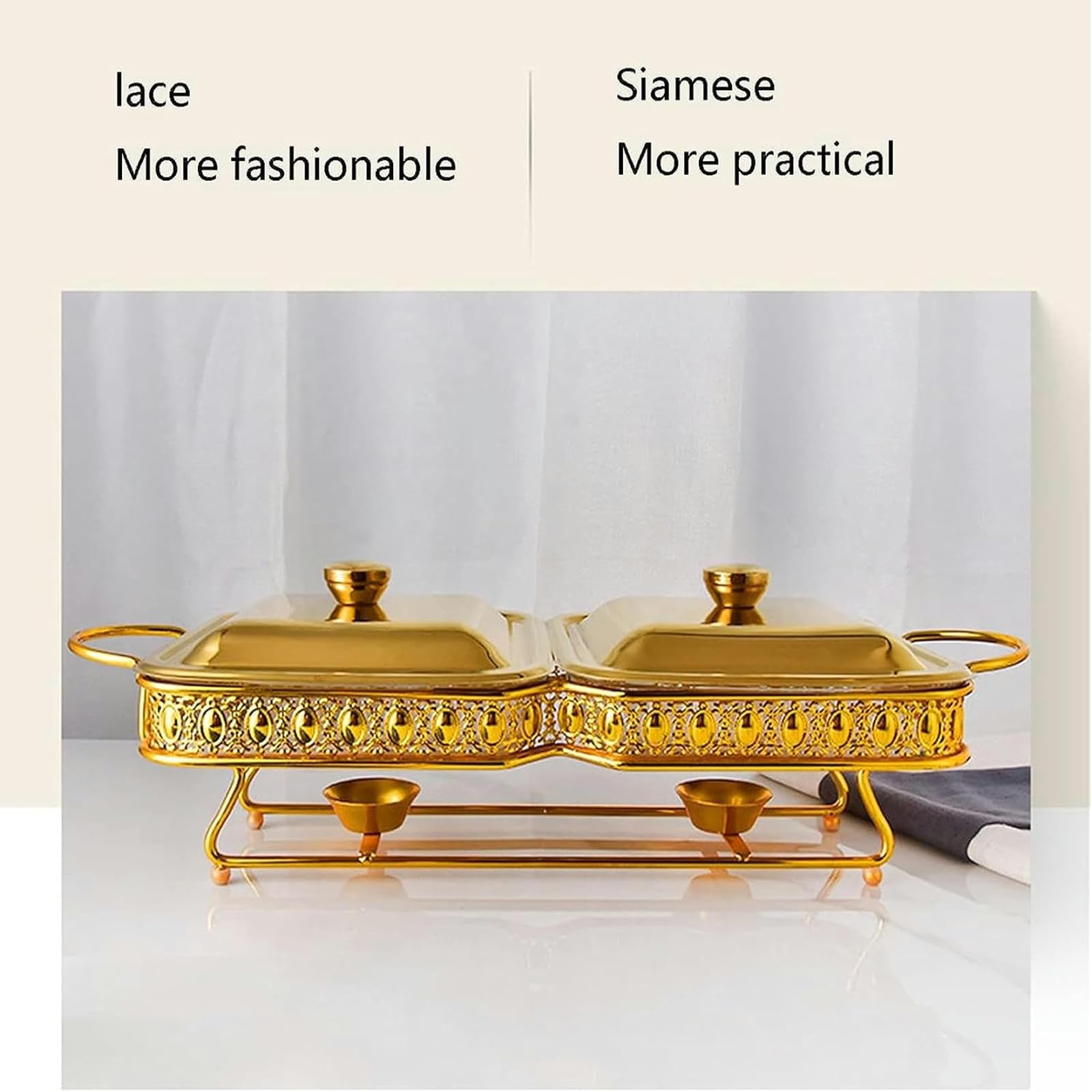 Calefacción buffet – Juego de buffet de hot pot buffet, set de calefacción plegable y buffet, olla de comida, olla de agua, estante de combustible y tapa para eventos de catering (dorado)