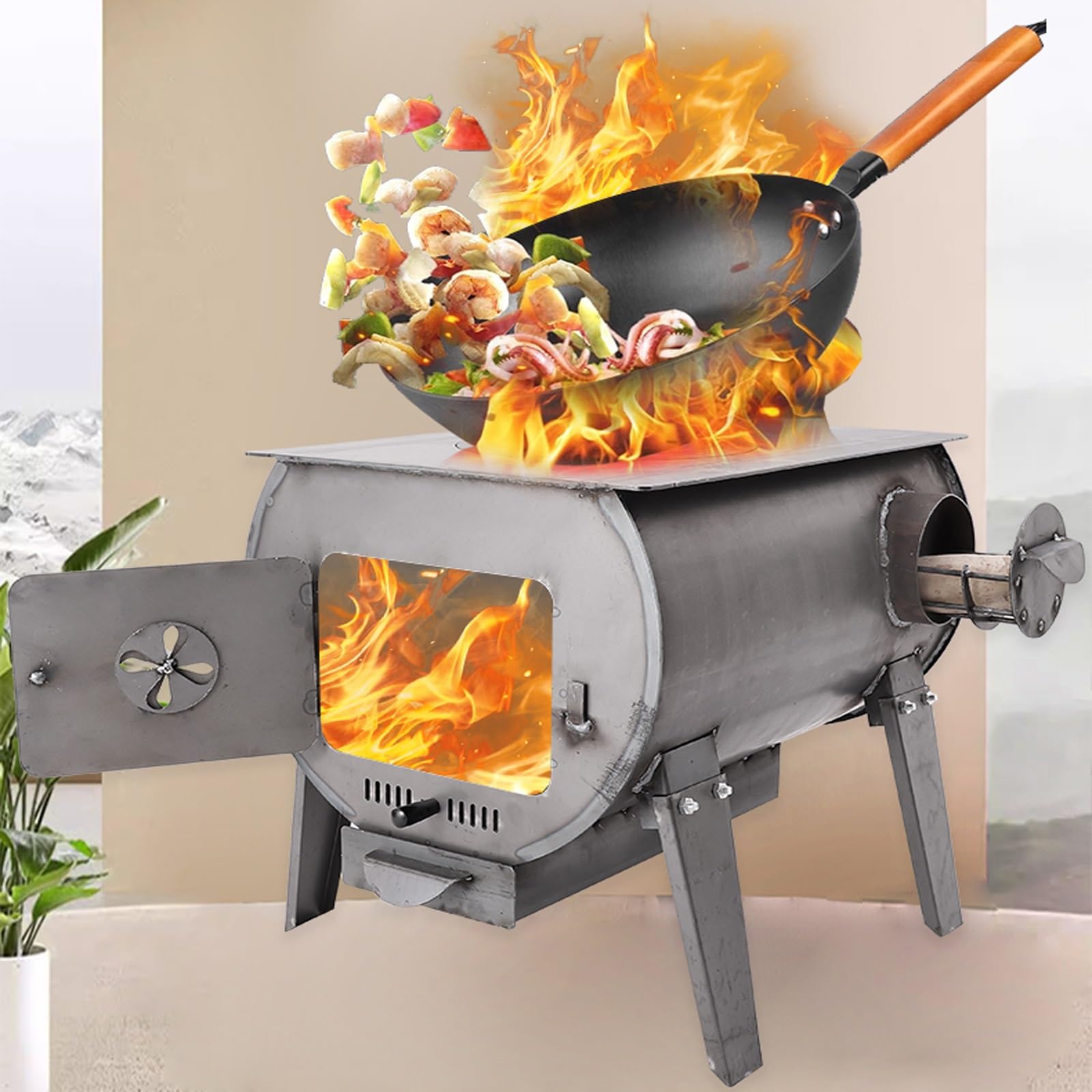 Stufa a Legna con Forno, Stufa a Legna con Gancio Riscaldante, Camino e Griglie in Acciaio Fuso, per Riscaldamento, Cottura, Bollitura Dell'acqua, Barbecue