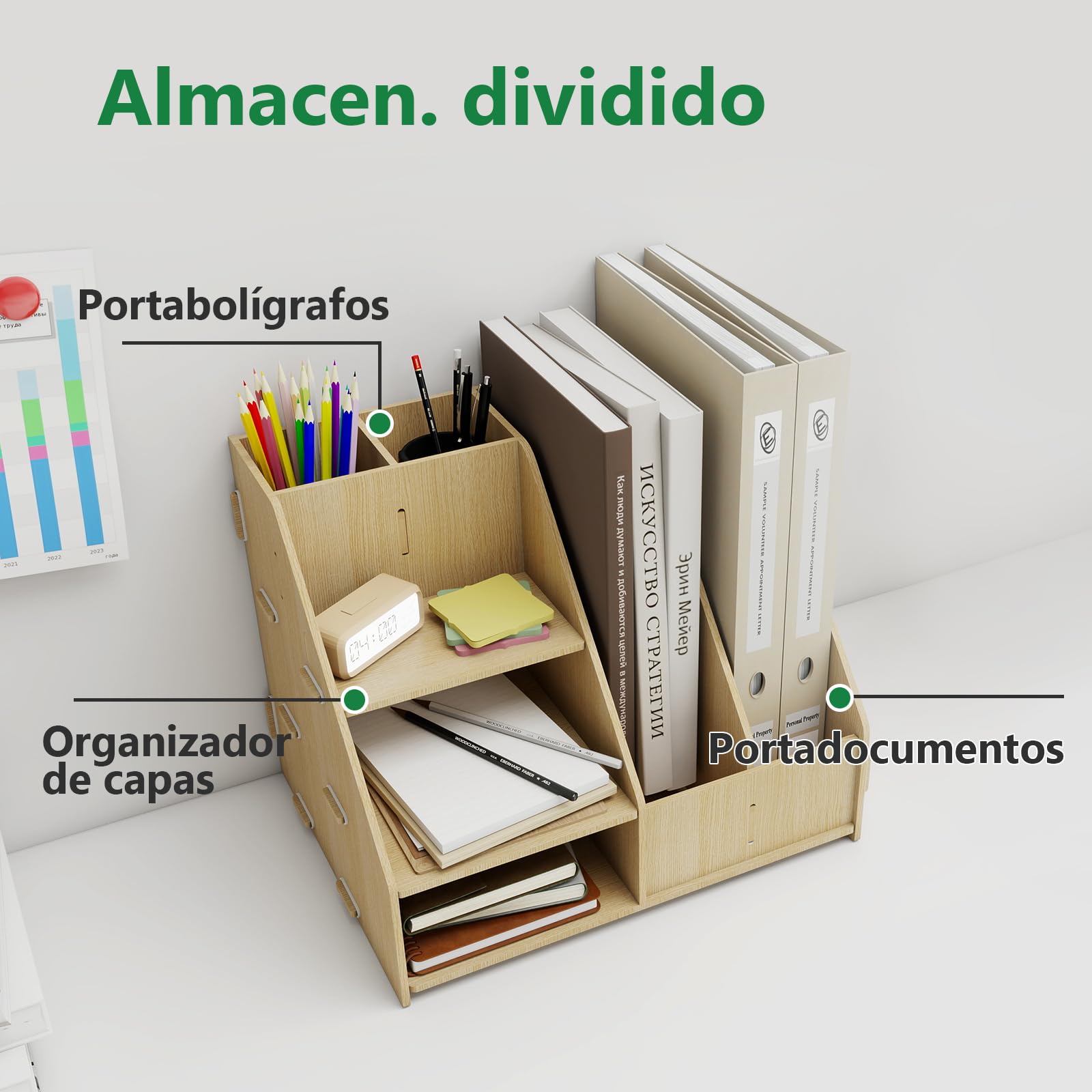 PUNCIA Organizador Escritorio Sobremesa de Madera con Revistero 3 Bandeja Escritorio con Portalápices Estante de Almacenaje Multifuncional para Material Documentos Oficina Escuela
