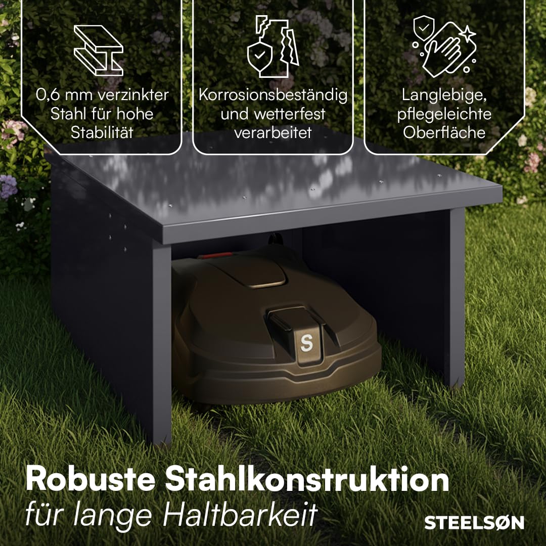 STEELSØN Drakon Mähroboter Garage Anthrazit – Rasenmähroboter Überdachung aus verzinktem Metall – Rasenroboter Haus mit Pultdach – Rasenmäher Garage UV-/wetterbeständig – für gängige Roboter Modelle
