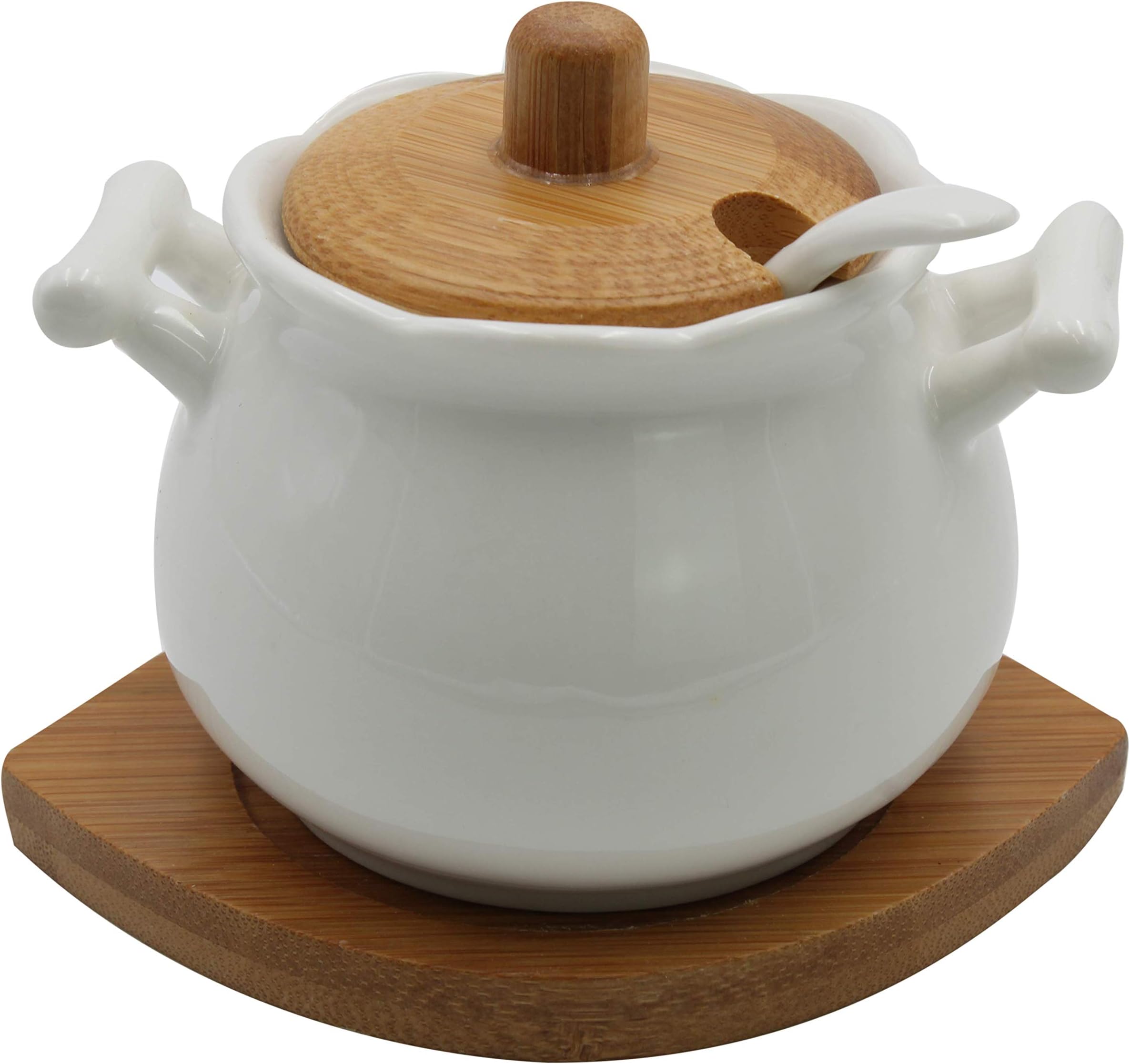 Vintage Ceramic Sugar Bowl With Spoon Bamboo Lid And Base White Home And Kitchen Elegant Design