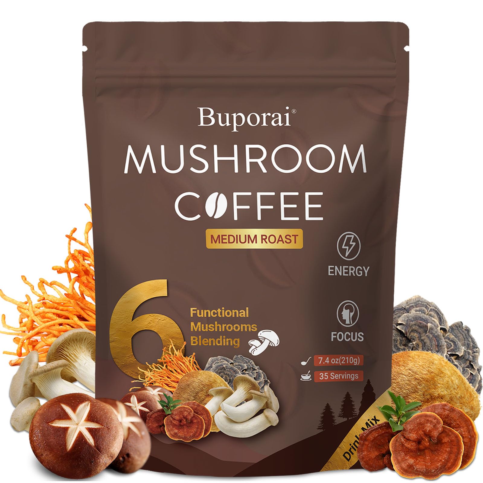 Mushroom Coffee Instant Mushroom Coffee Organic with 6 Mushrooms Lions Mane Cordyceps Turkey Tail Other for Energy Focus