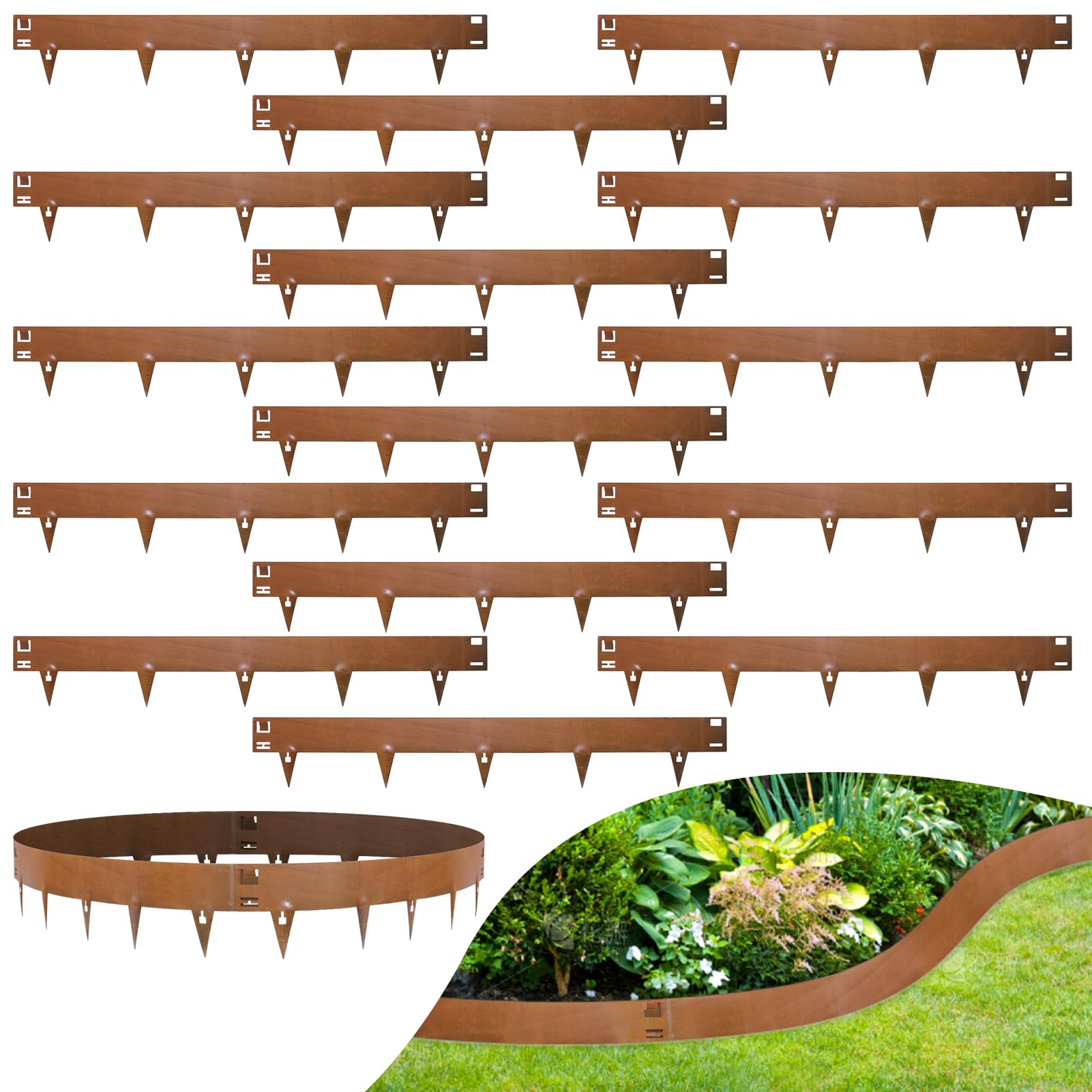 Viugreum Borde para Césped Marrón- Borde Flexible para Jardín de Acero de 16,13m -16.5cm de Altura Visible, Bordes Decorativos de Metal Galvanizado para Terraza sin Necesidad de Excavar(10PCS)