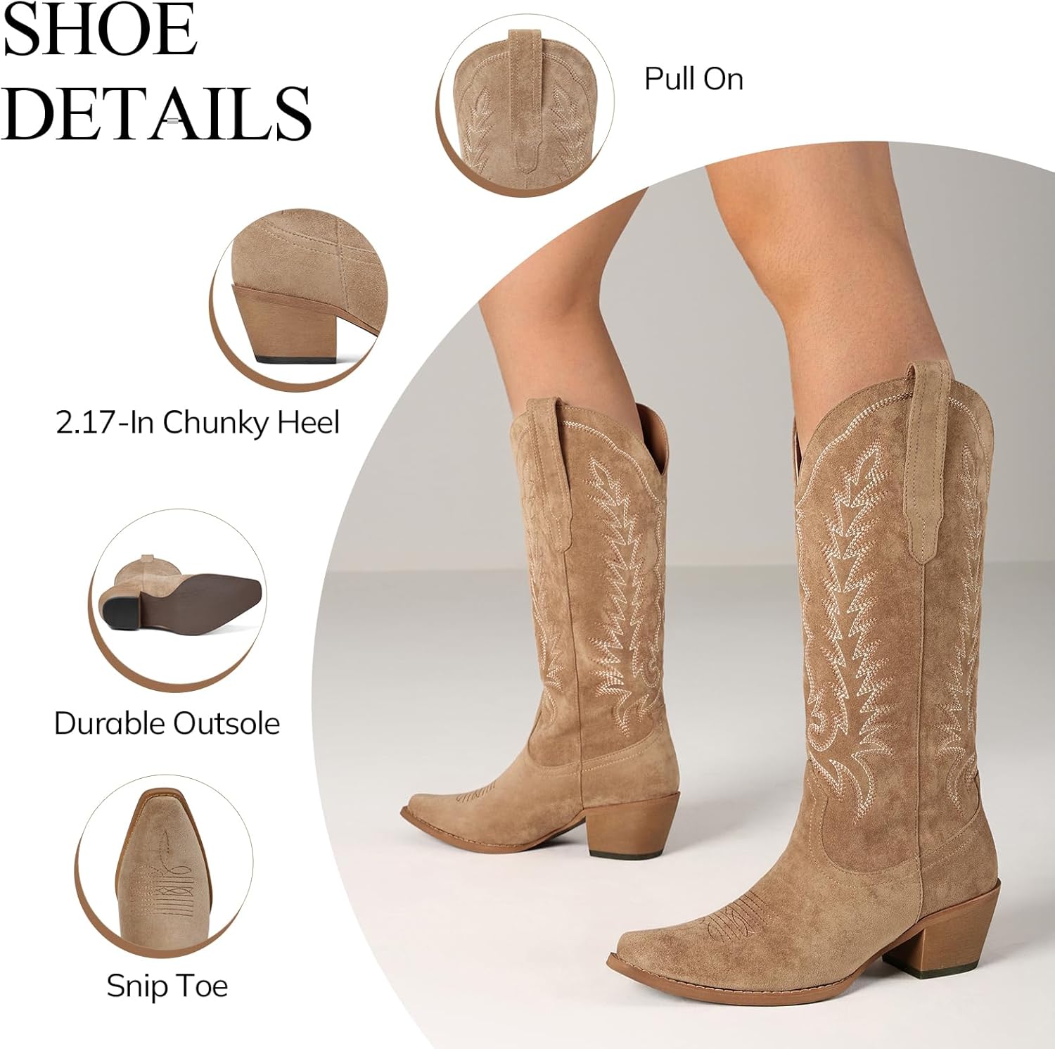 Tscoyuki Cowboy Boots for Women: Embroidered Western Knee High Boots Women - Pointed Toe Chunky Heel Cowgirl Tall Boots - Image 5