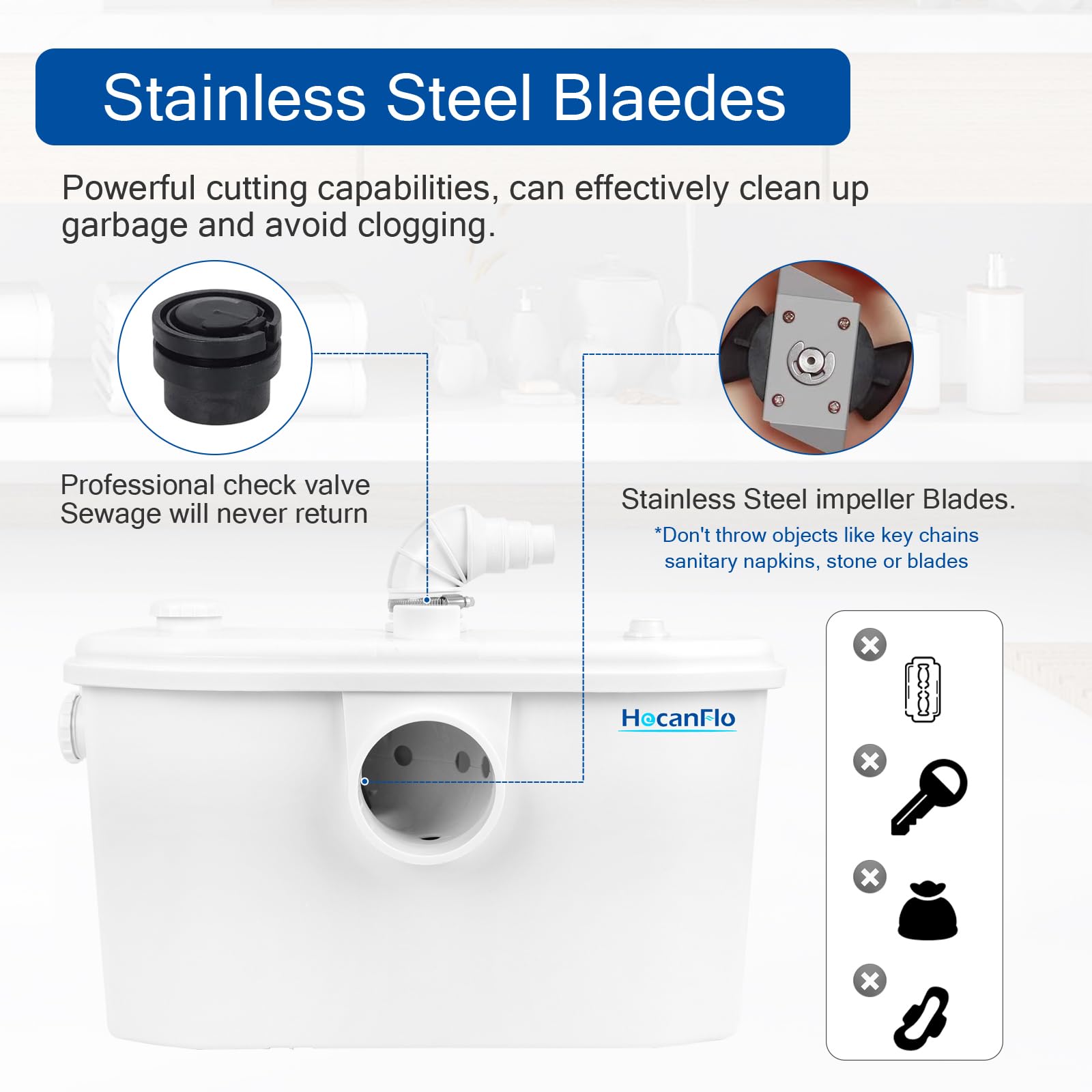 Bomba de agua FLO750W Schmutzwasser Fäkalien Hebeanlage Kleinhebeanlage für WC Toiletten, Dusche, Waschbecken, Waschmaschine, Spülmaschinen, Abnehmbare inspektionsplatte 4 Eingänge, 2 Ausgänge