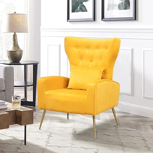 Miniatura 86 de Silla moderna de terciopelo para sala de estar, dormitorio, silla con respaldo alado con brazo y patas doradas, silla auxiliar de recepción de