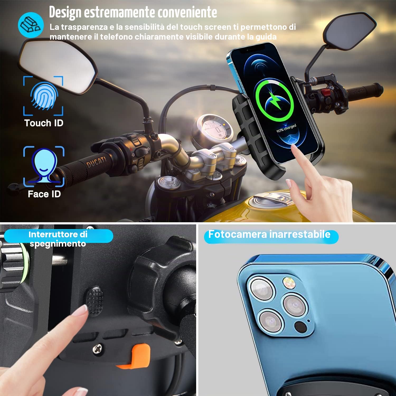 iMESTOU Caricatore del Supporto per Telefono Wireless Moto, Supporto Mobile a Specchio Manubrio/Retro-visione con Carica Rapida USB 3.0, Adatto a Telefoni Cellulari da 4,0" a 7,0"