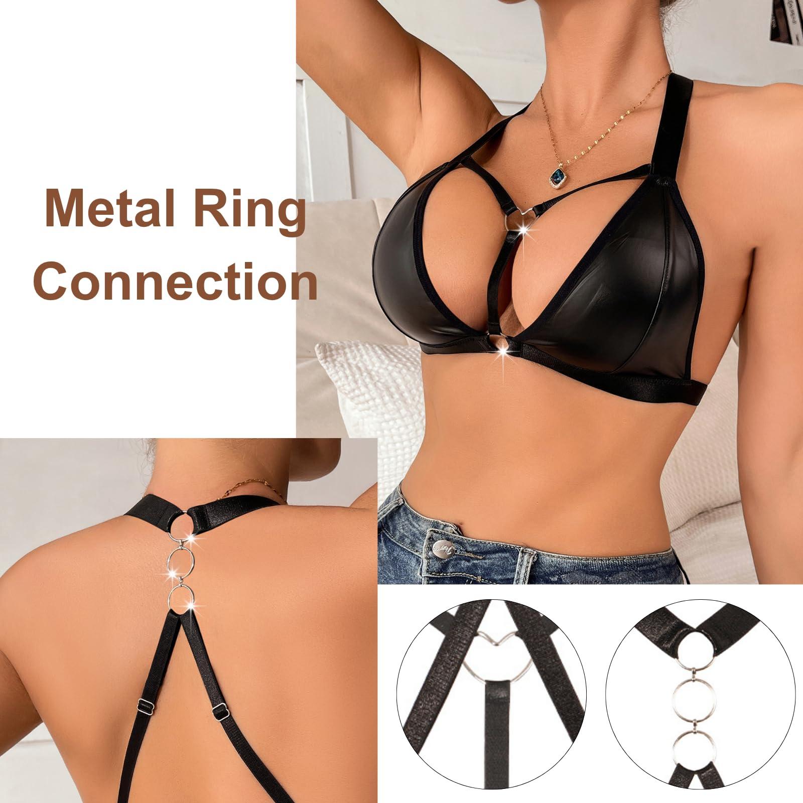 Soutien-gorge sexy à bretelles dos nu en cuir synthétique pour femme - Bralette dos nageur - Sans fil - Push Up - Col en V plongeant - Bustier creux - Dos nu - Corset gothique punk - Clubwear