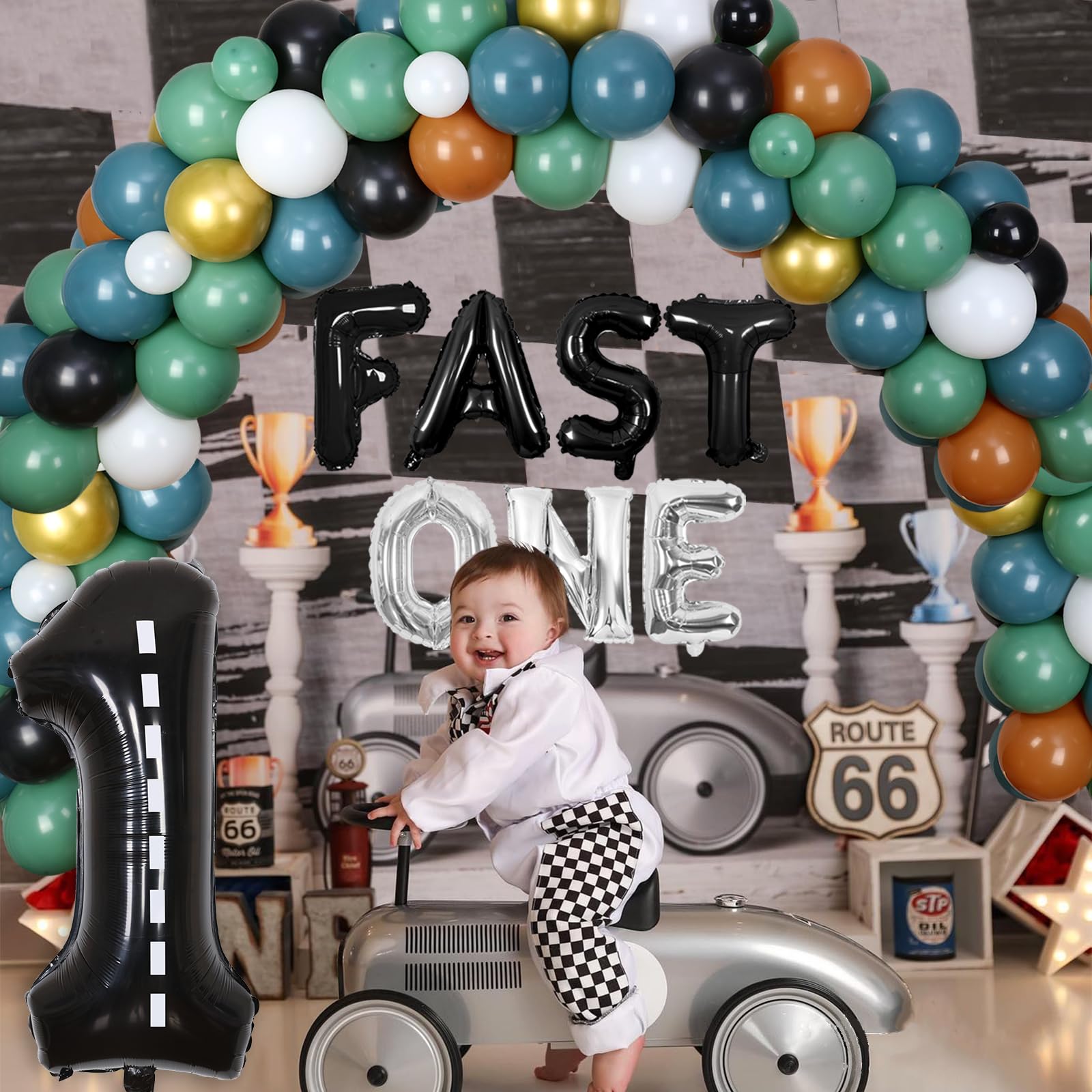 Cheereveal Fast One Birthday Decorations for Boys, Racing Car Themed 1st Birthday Party Supplies, Blue and Green Balloon Garland Kit Fast One High Chair Banner Cake Topper
